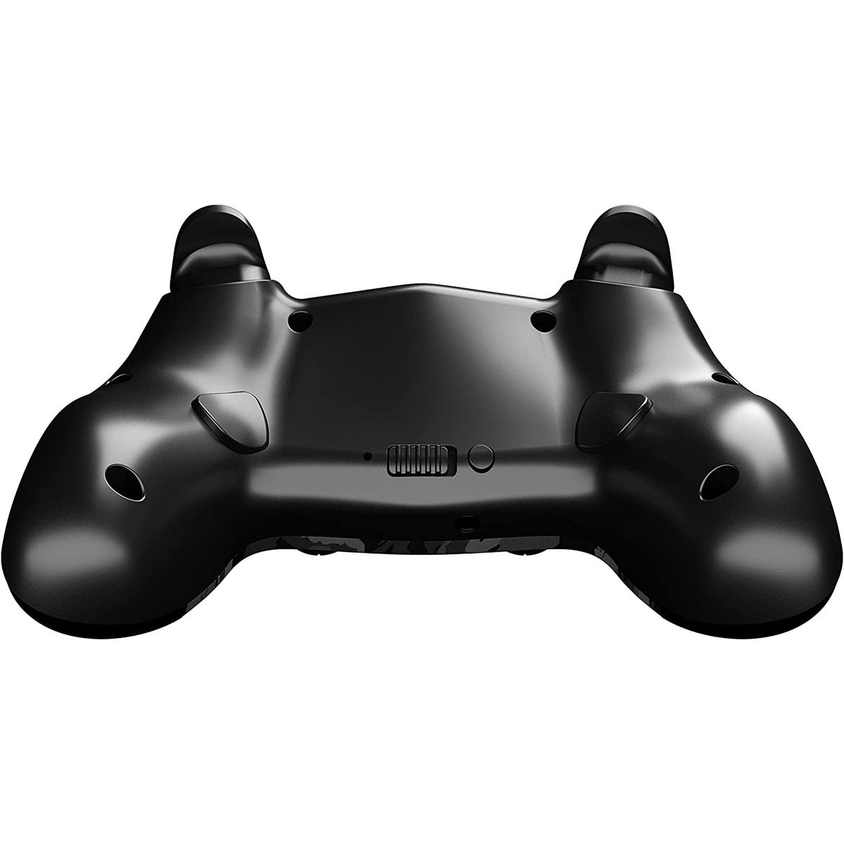 Il retro di un controller di gioco nero con pulsanti e dettagli.