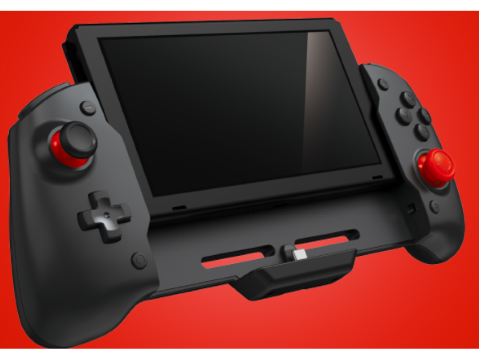 Controller di gioco nero collegato a uno schermo nero. Il controller ha pulsanti rossi.