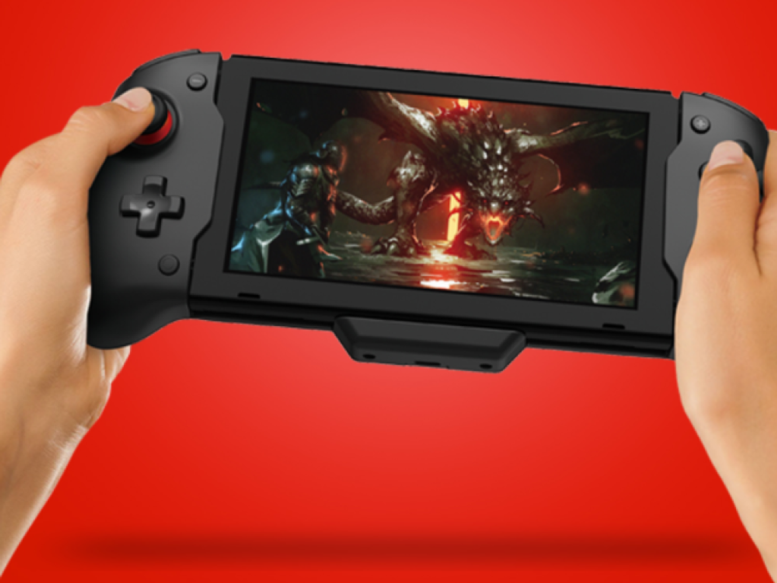 Mani che tengono una console di gioco nera con uno schermo che mostra un gioco a tema drago.