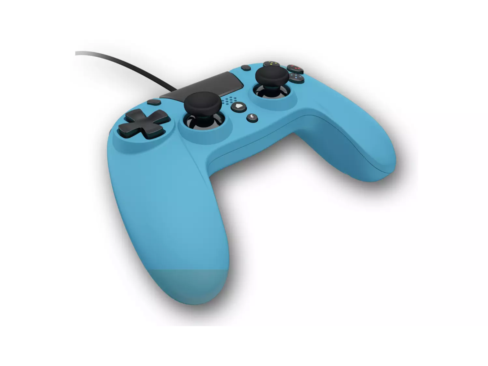 Ein blauer Gaming-Controller mit schwarzen Knöpfen und einem schwarzen Kabel, auf weißem Hintergrund.