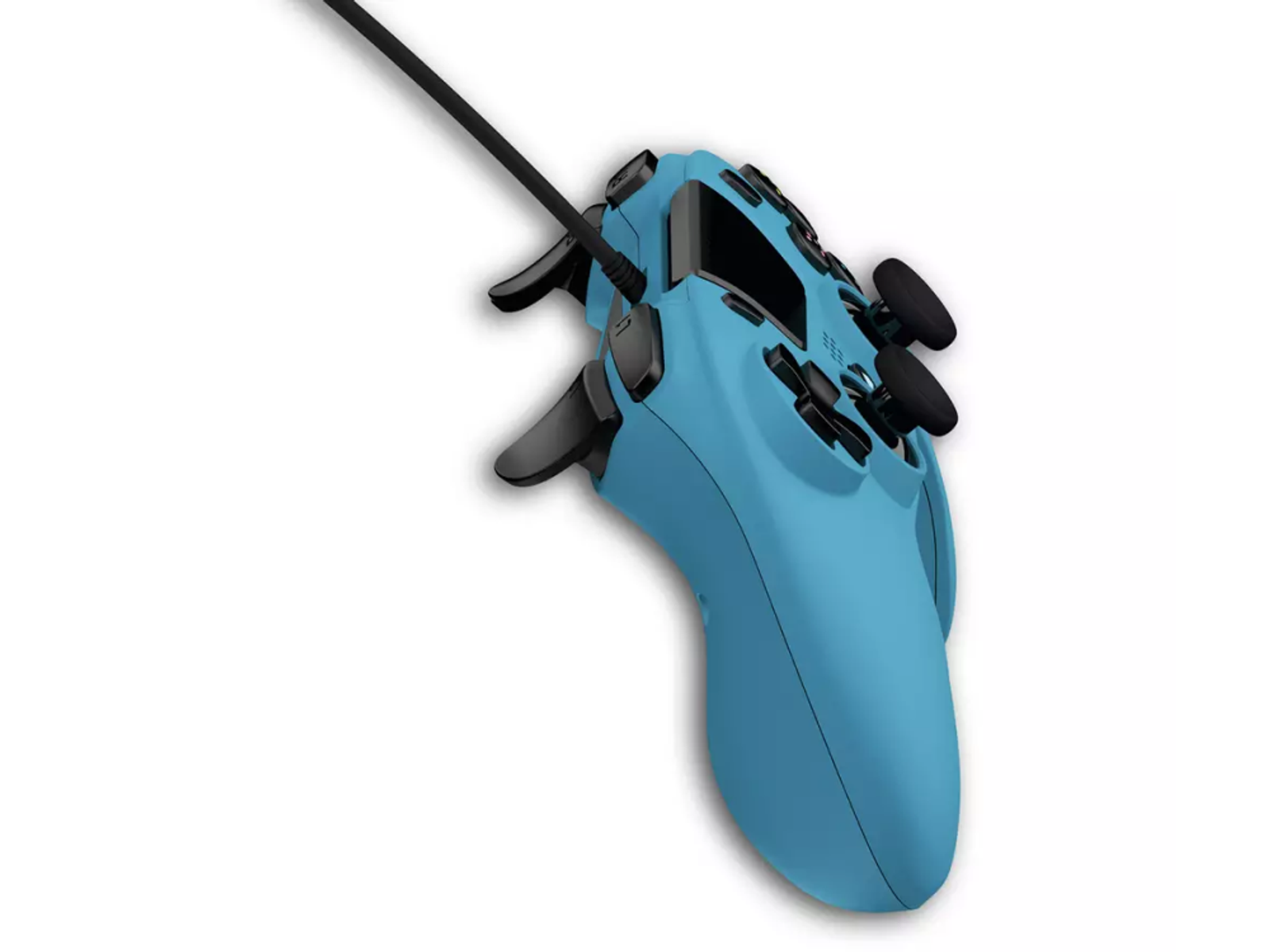 Blauer Gamecontroller mit schwarzem Kabel, Knöpfen und Sticks.