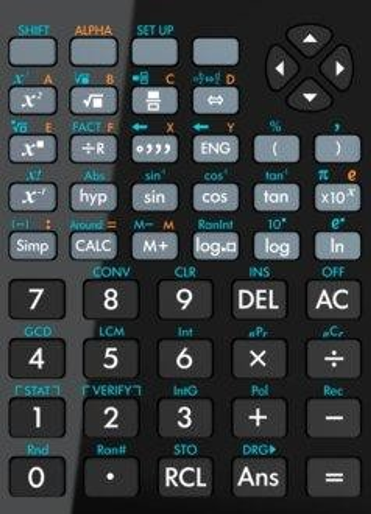 Czarny kalkulator z wieloma przyciskami. Wyświetla liczby, symbole i funkcje.