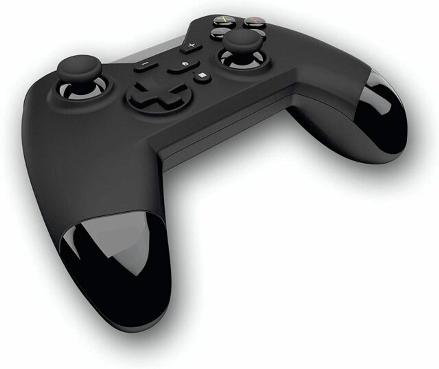 Zwarte gamecontroller met twee analoge sticks en knoppen. De controller is schuin.