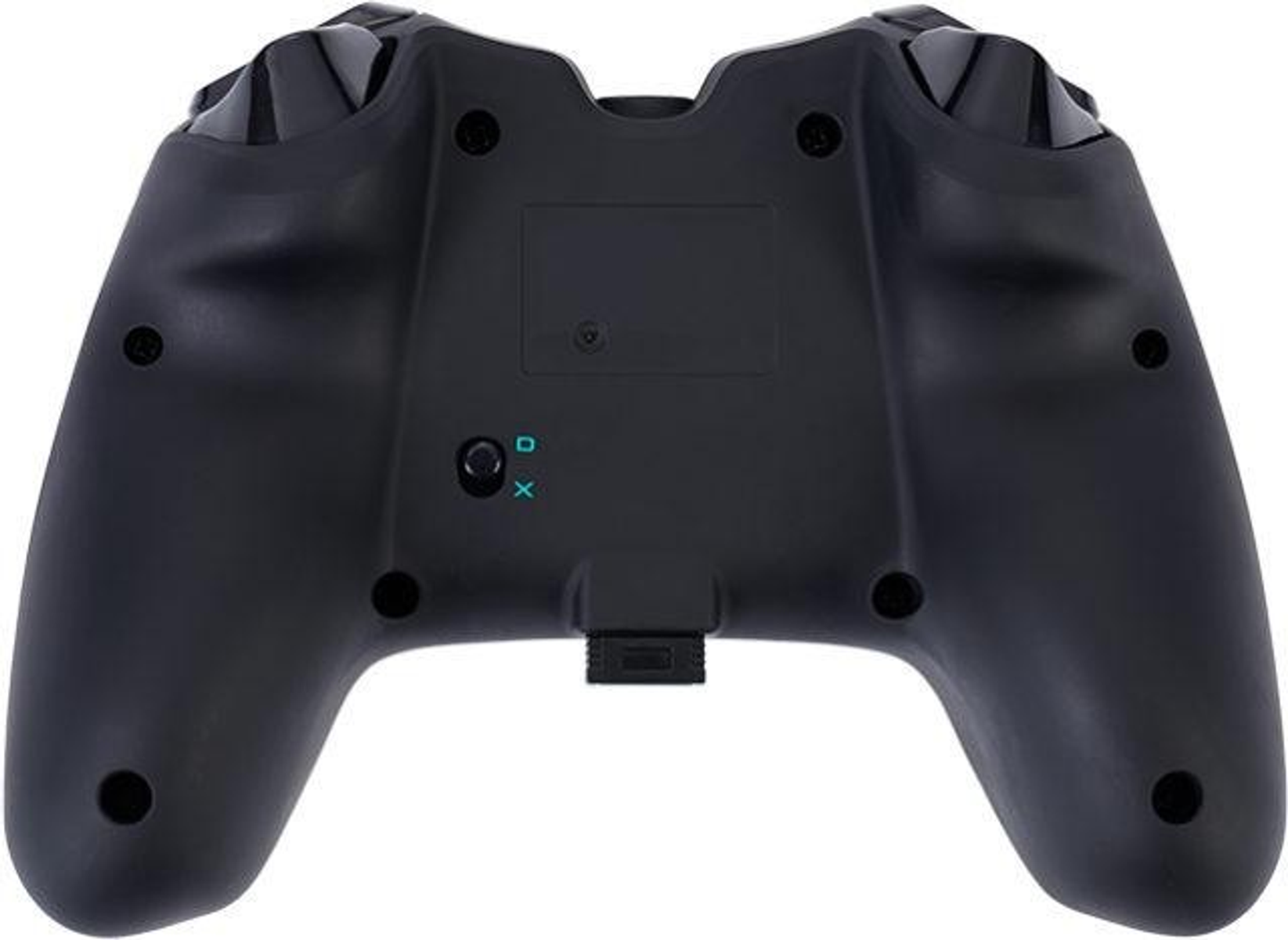 Tył czarnego kontrolera do gier z przyciskami i złączem.