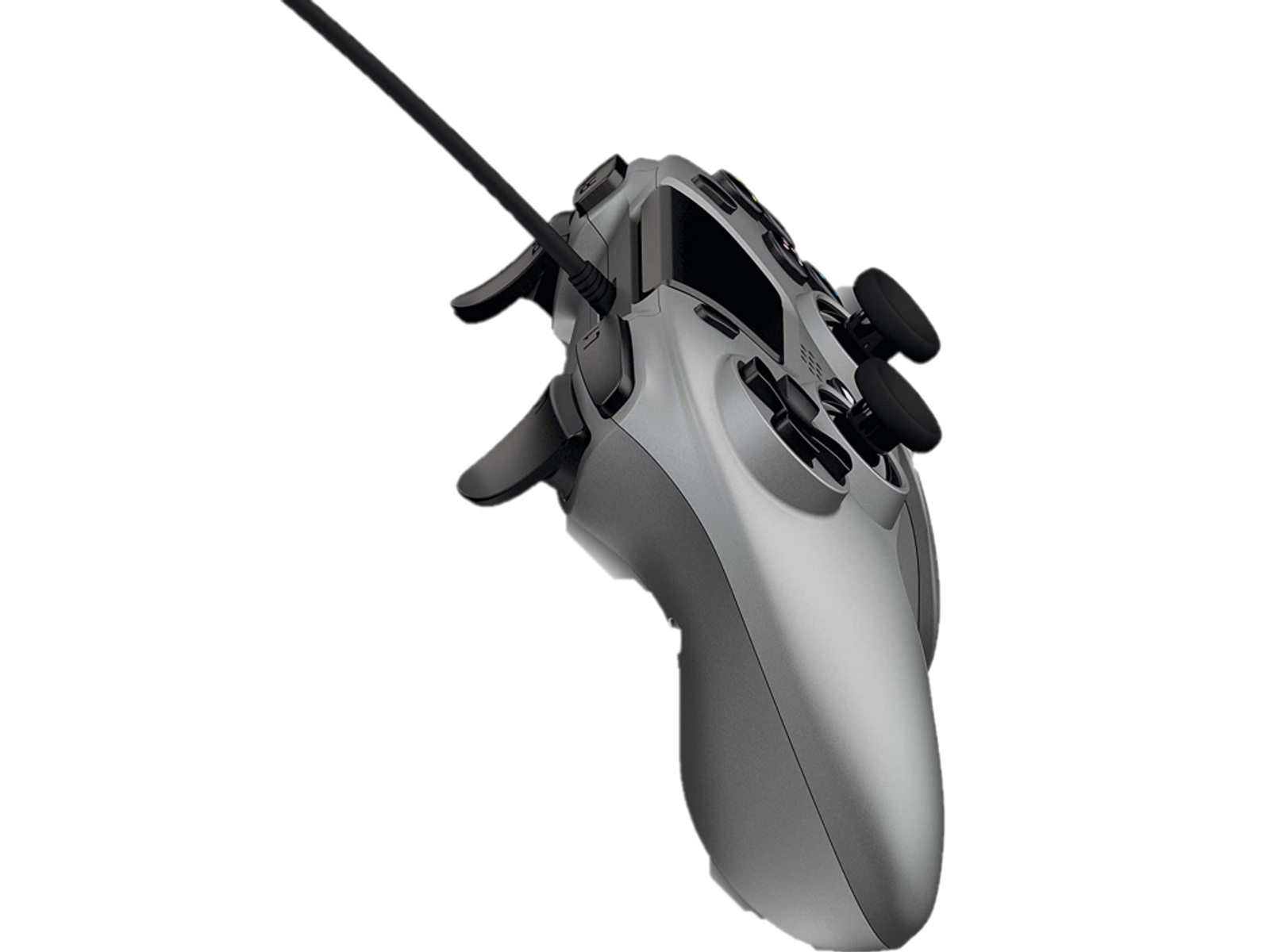 Srebrny kontroler do gier z czarnymi przyciskami i kablem w górę.