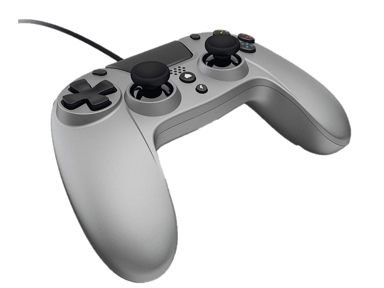 Szary gamepad z czarnymi joystickami i przyciskami.