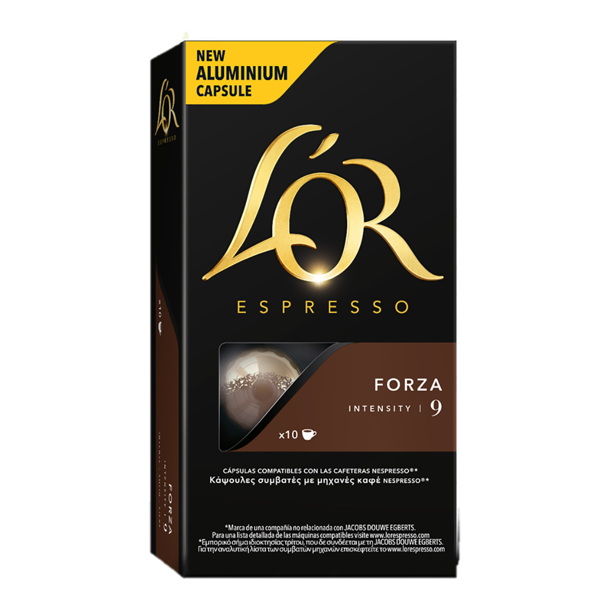 Scatola di capsule di caffè L'OR Espresso Forza con scritte dorate su sfondo nero.