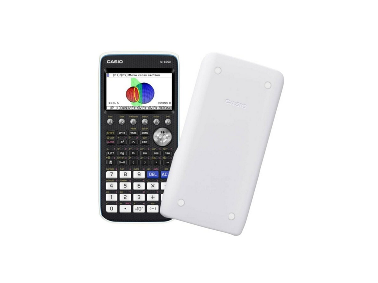 Kalkulator naukowy z etui obok na białym tle.