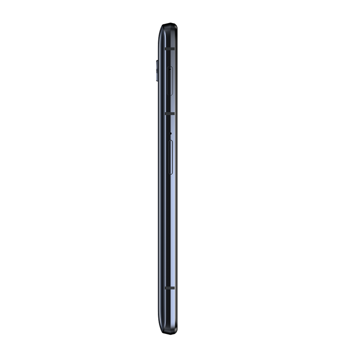 Seitenansicht eines schwarzen Smartphones.
