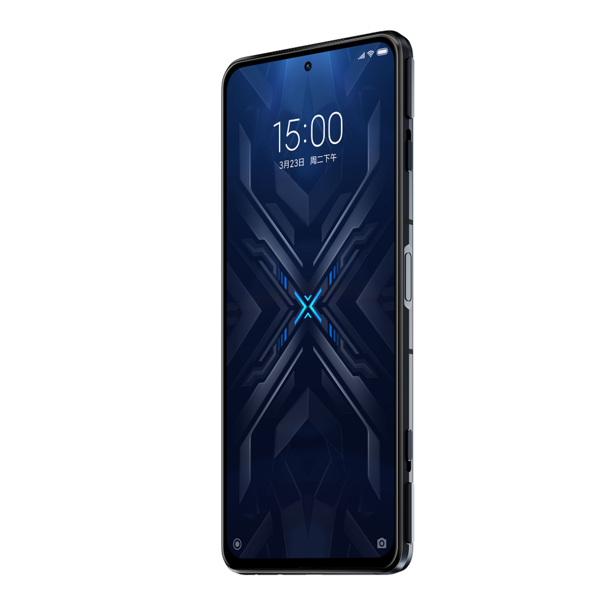 Schwarzes Telefon mit blauem Design auf dem Bildschirm, zeigt Zeit und Datum.