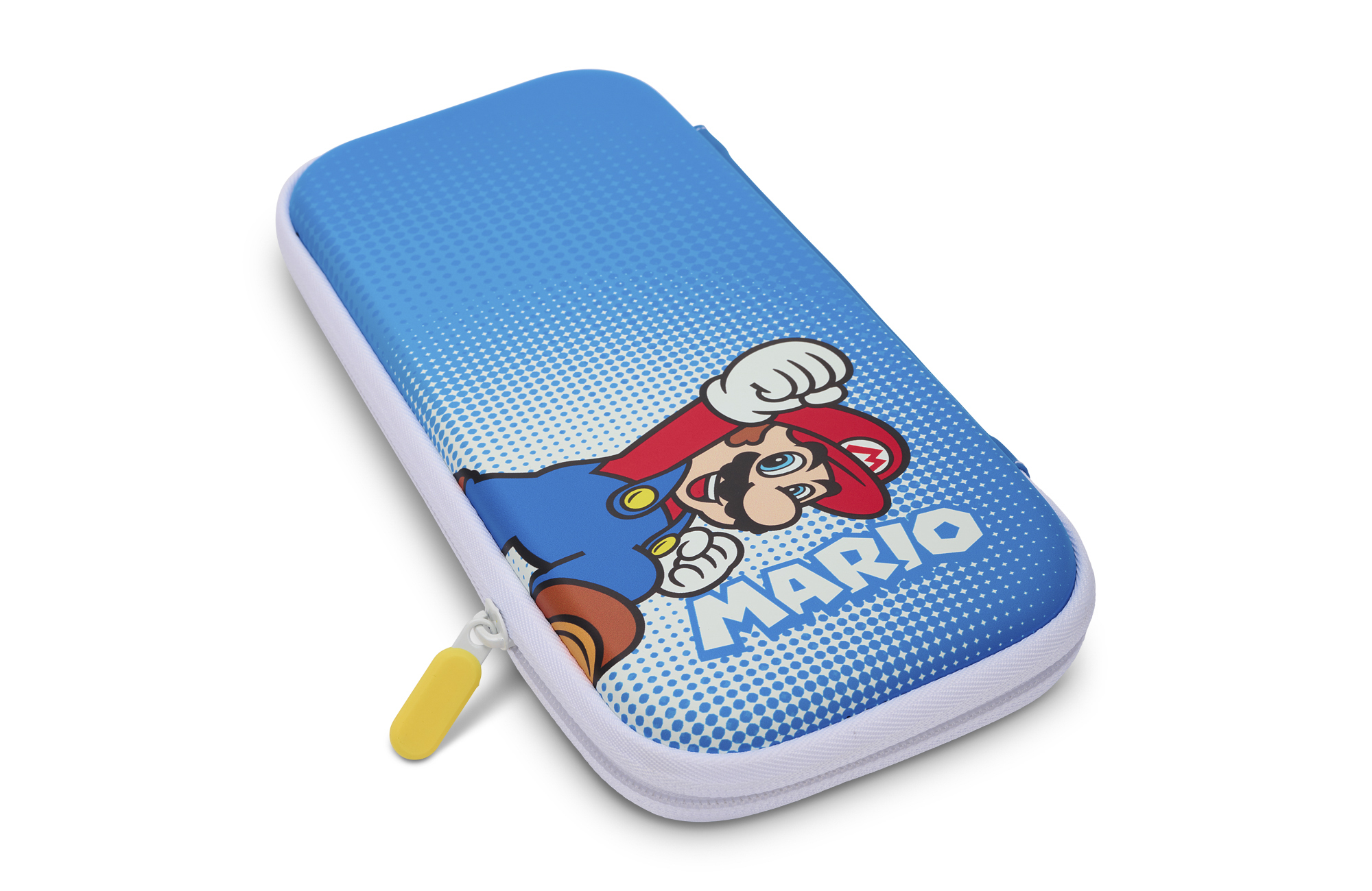 Funda azul con temática de Mario y cremallera amarilla. Mario posa.