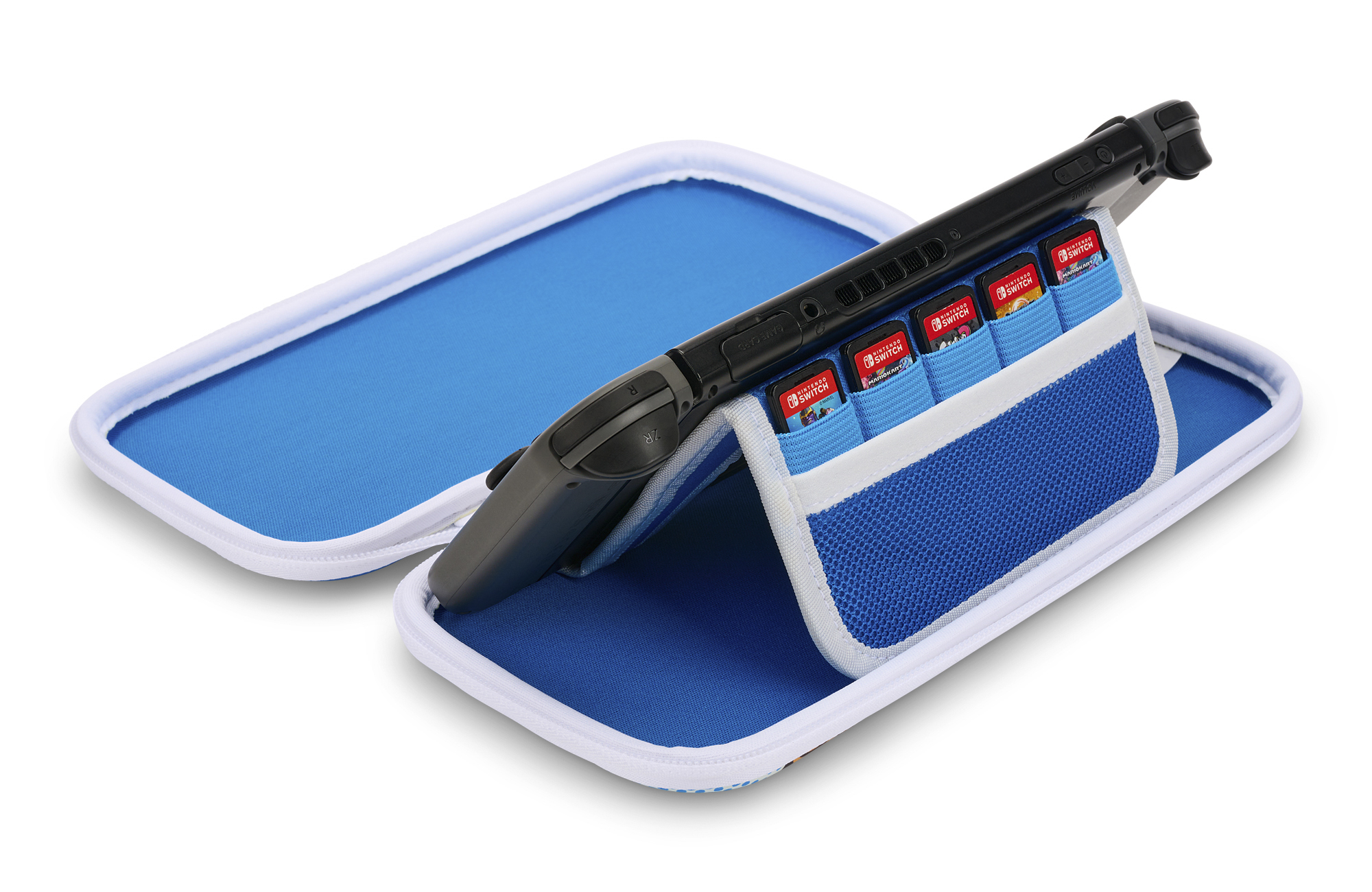 Estuche azul y blanco con consola Switch y cartuchos de juego.