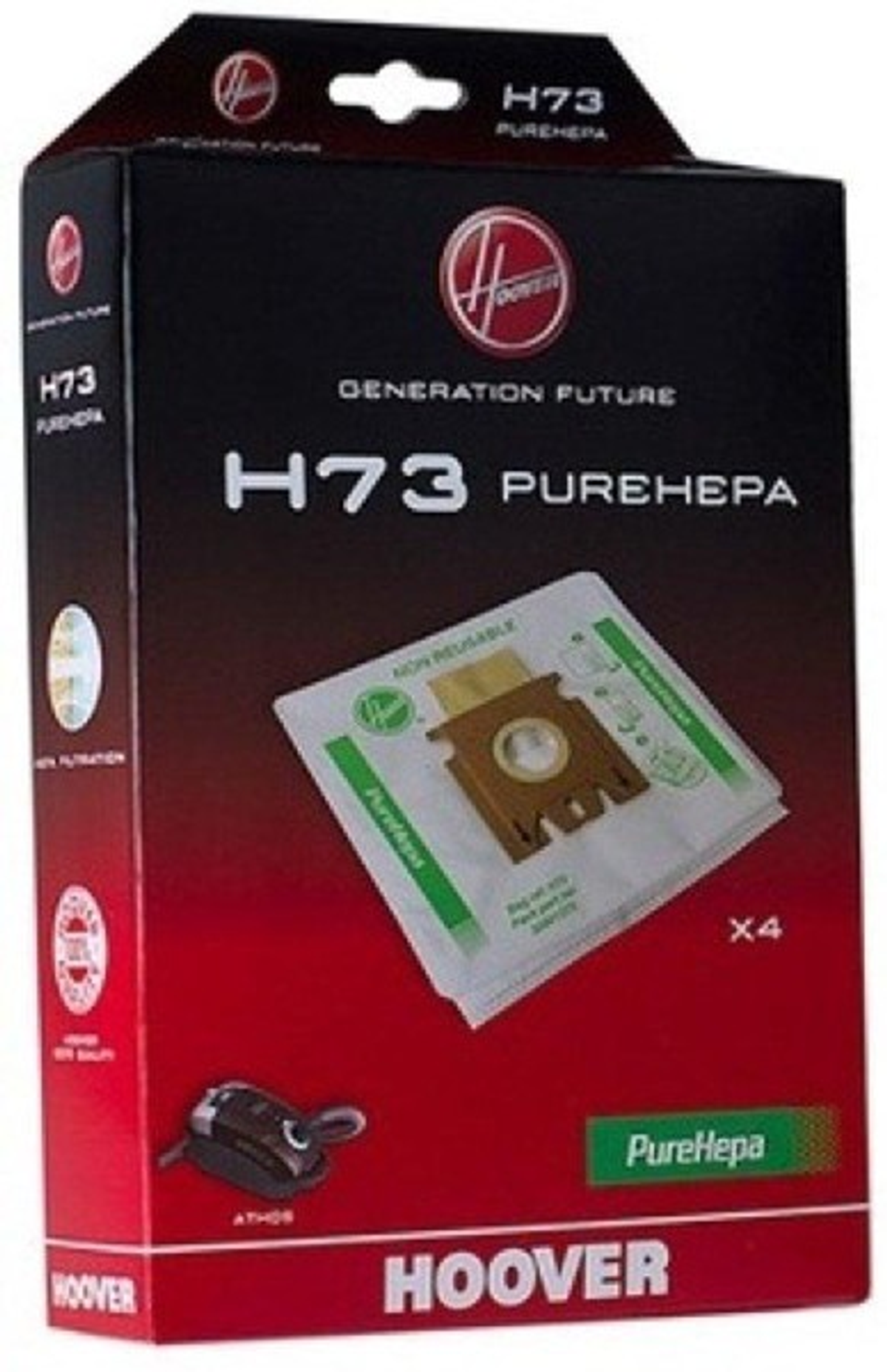 Caja de bolsa de aspiradora, roja y negra. Contiene bolsas Hoover H73 PureHepa, con imagen de aspiradora.