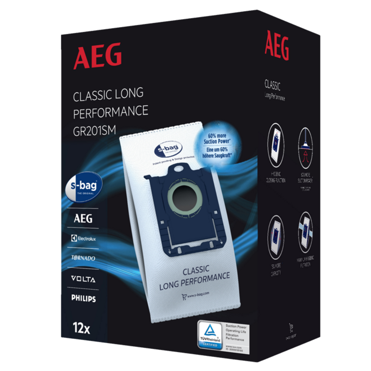 Pudełko na worki do odkurzacza. Pudełko ma markę AEG i pokazuje worek w środku.