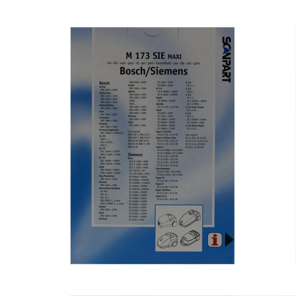 Staubsauger-Teilekatalog mit Produktinformationen. Text in mehreren Sprachen, darunter Englisch.