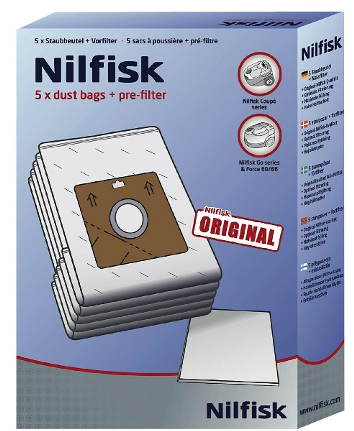 Pudełko worków do odkurzacza Nilfisk i filtra wstępnego z tekstem i obrazami. Białe tło.