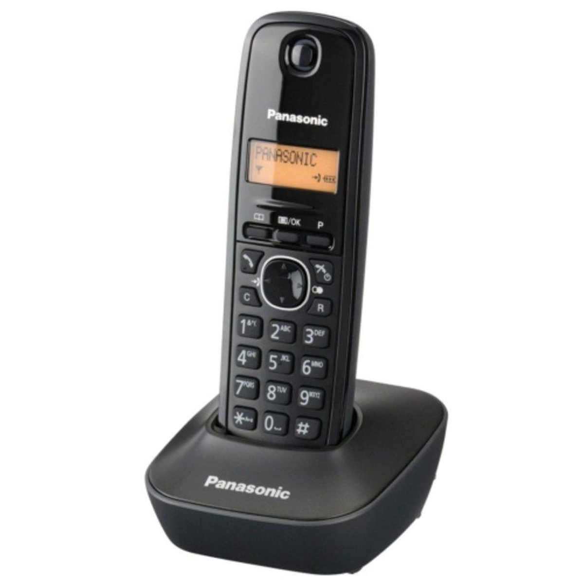 Telefono cordless Panasonic nero su una stazione base. Display e pulsanti visibili.