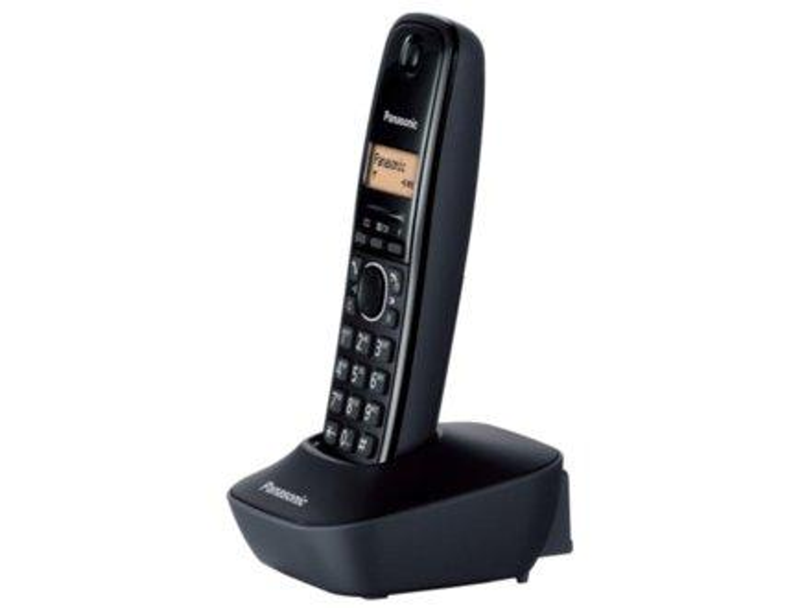 Telefono cordless nero nella sua base, con display digitale.
