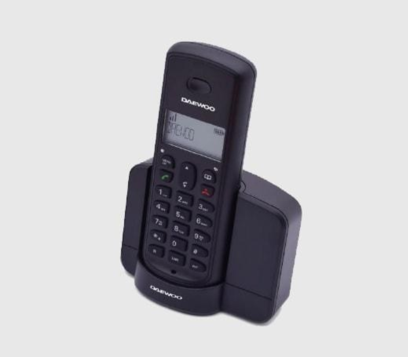 Teléfono inalámbrico Daewoo negro en su base.