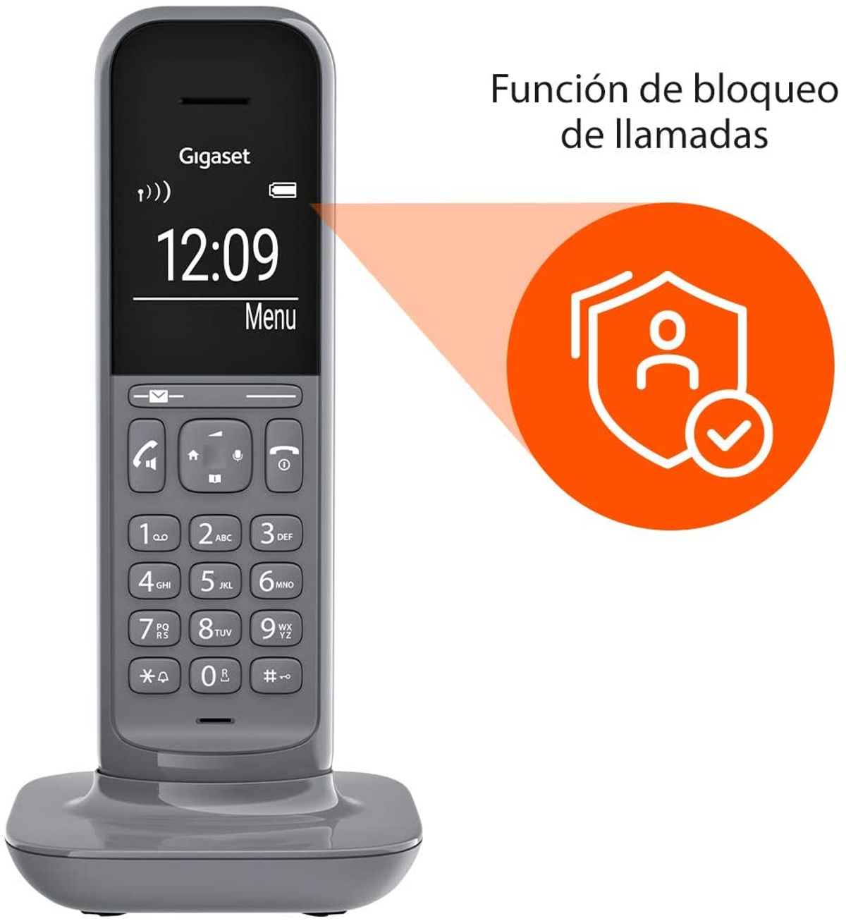 Un teléfono Gigaset gris sobre una base con una pantalla que muestra la hora. Un icono indica el bloqueo de llamadas.