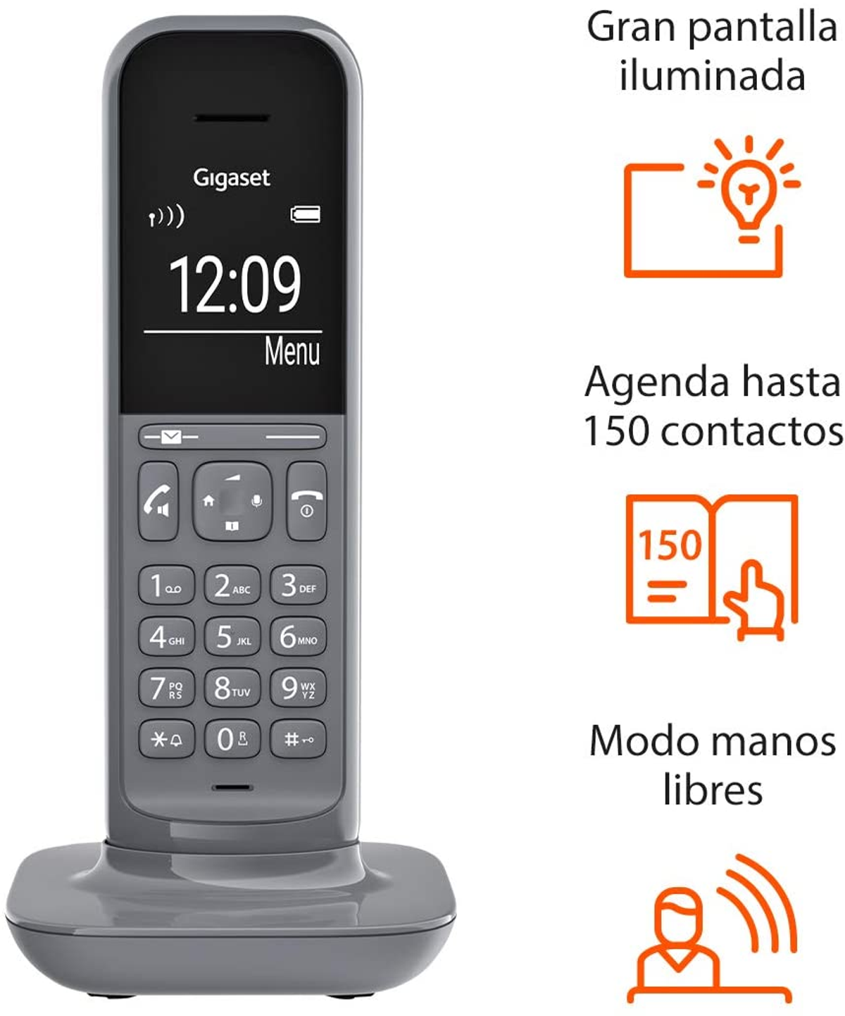 Un teléfono inalámbrico gris con pantalla digital.