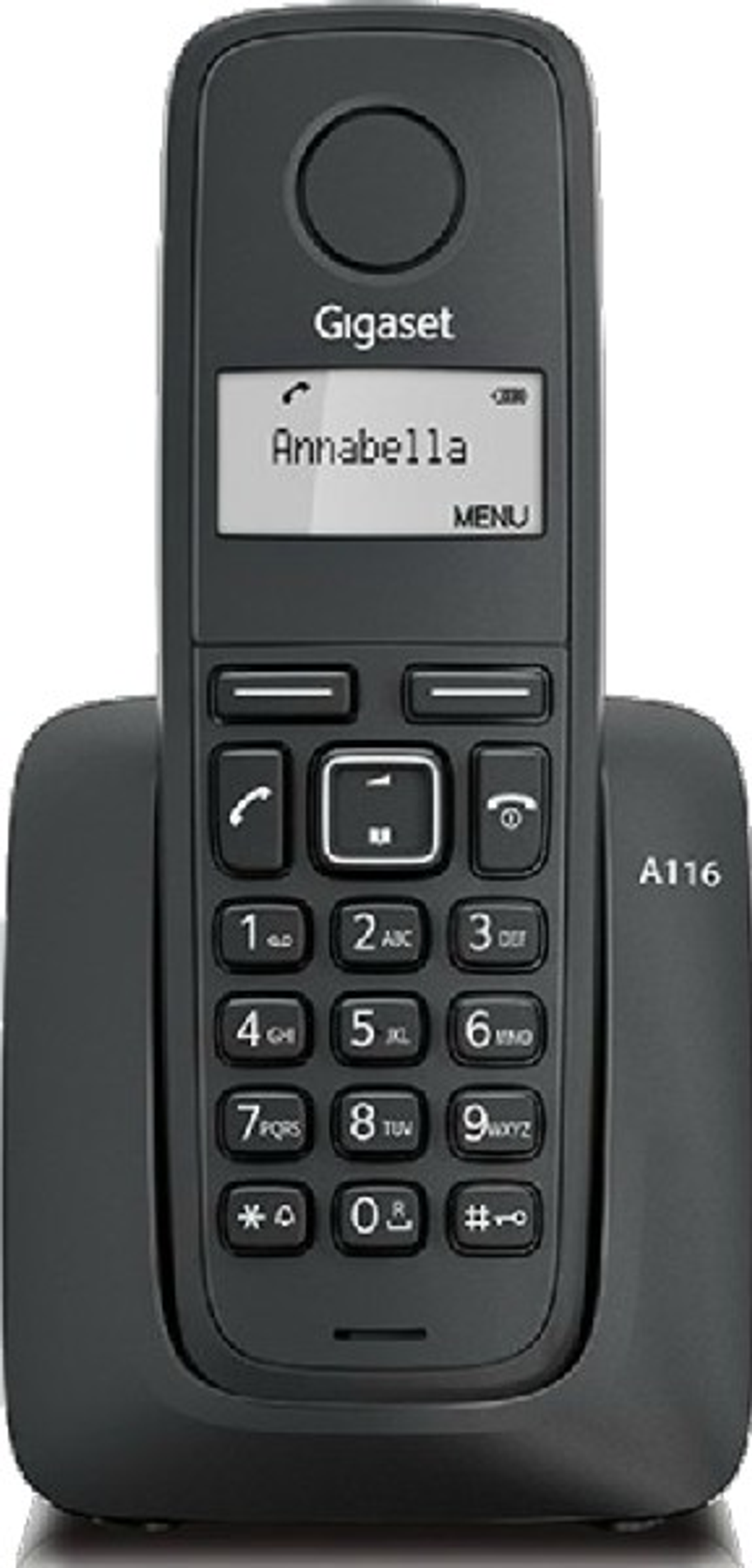 Ein schwarzes Gigaset schnurloses Telefon mit Display, das 'Annabella' und ein Nummernfeld zeigt.