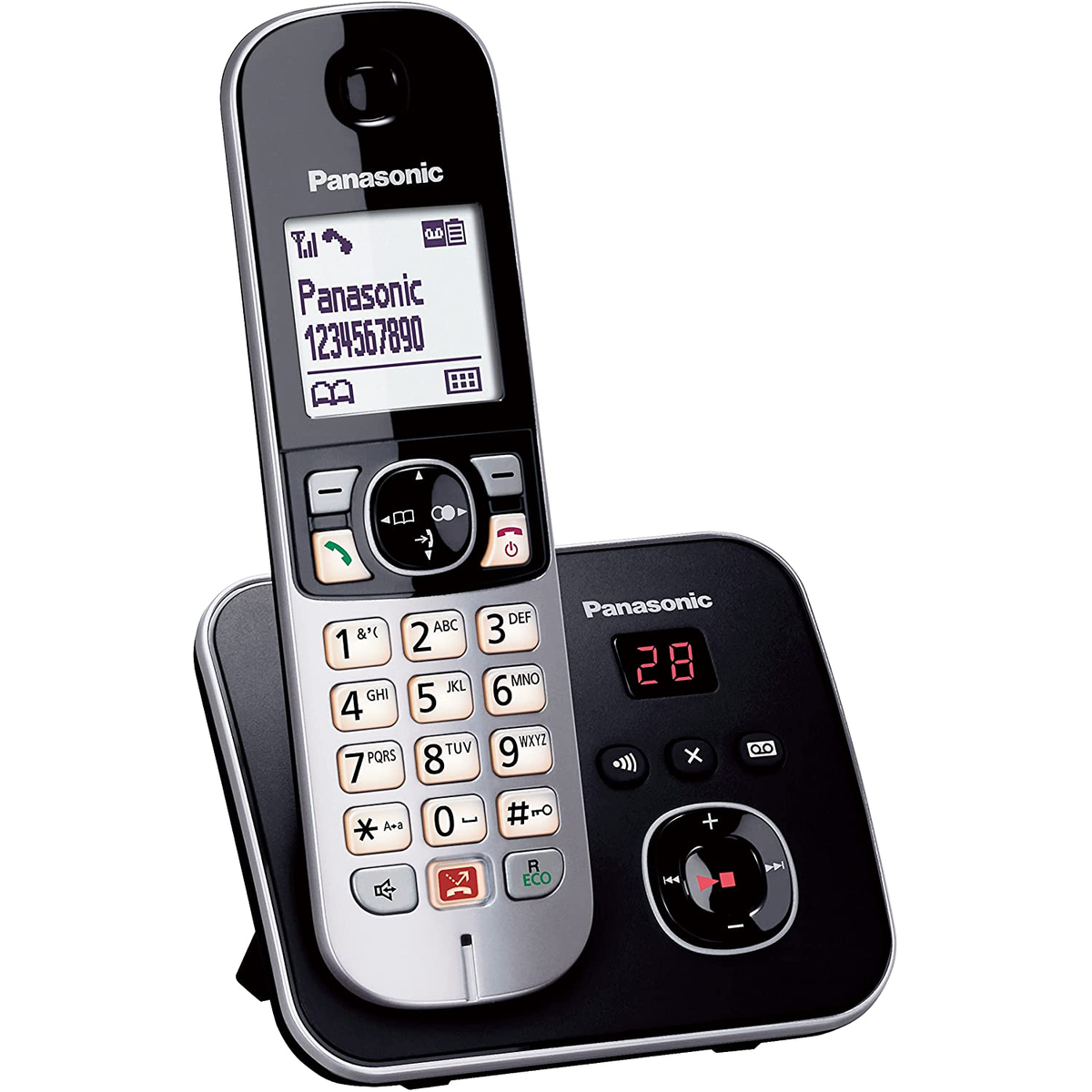 Teléfono inalámbrico Panasonic negro con pantalla, base y teclado numérico.