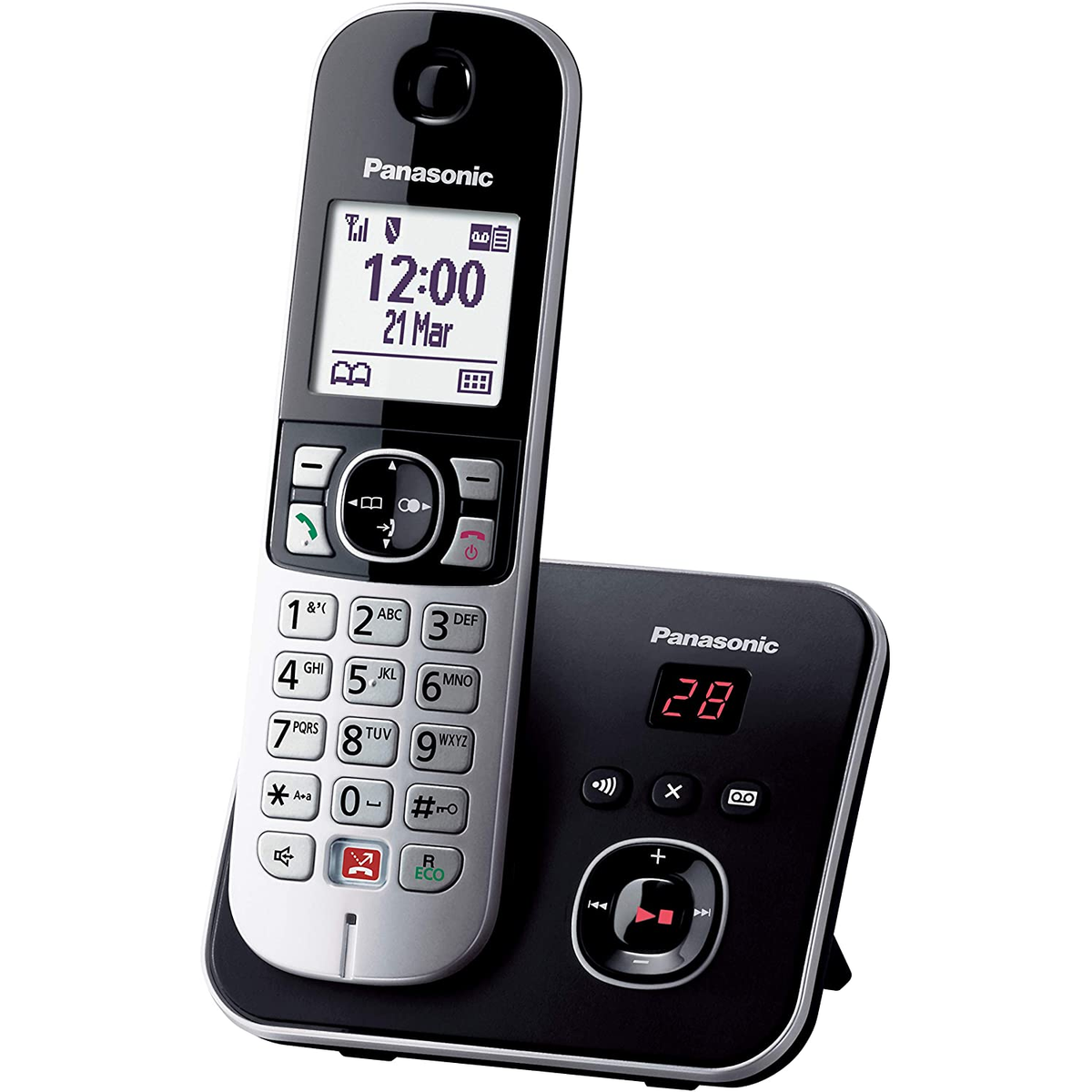 Teléfono inalámbrico Panasonic con estación base, mostrando la hora y la fecha en la pantalla.