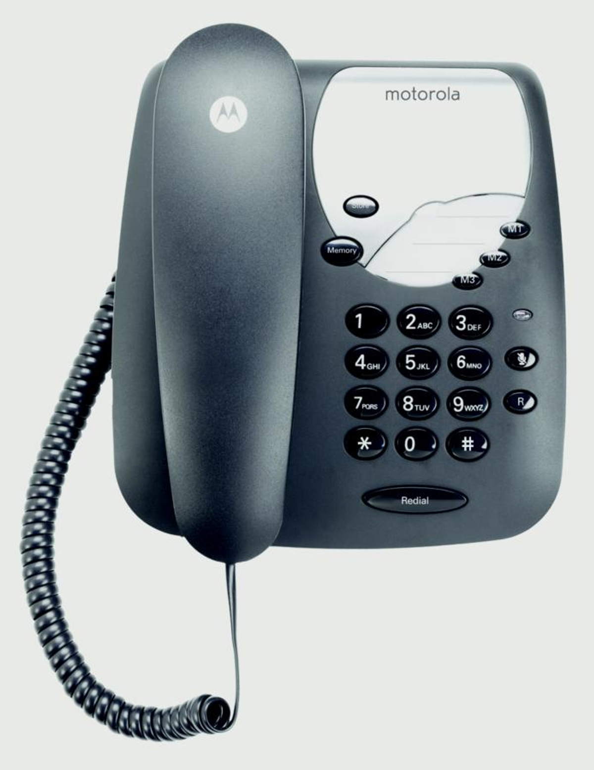 Teléfono Motorola gris oscuro con botones y cable en espiral.