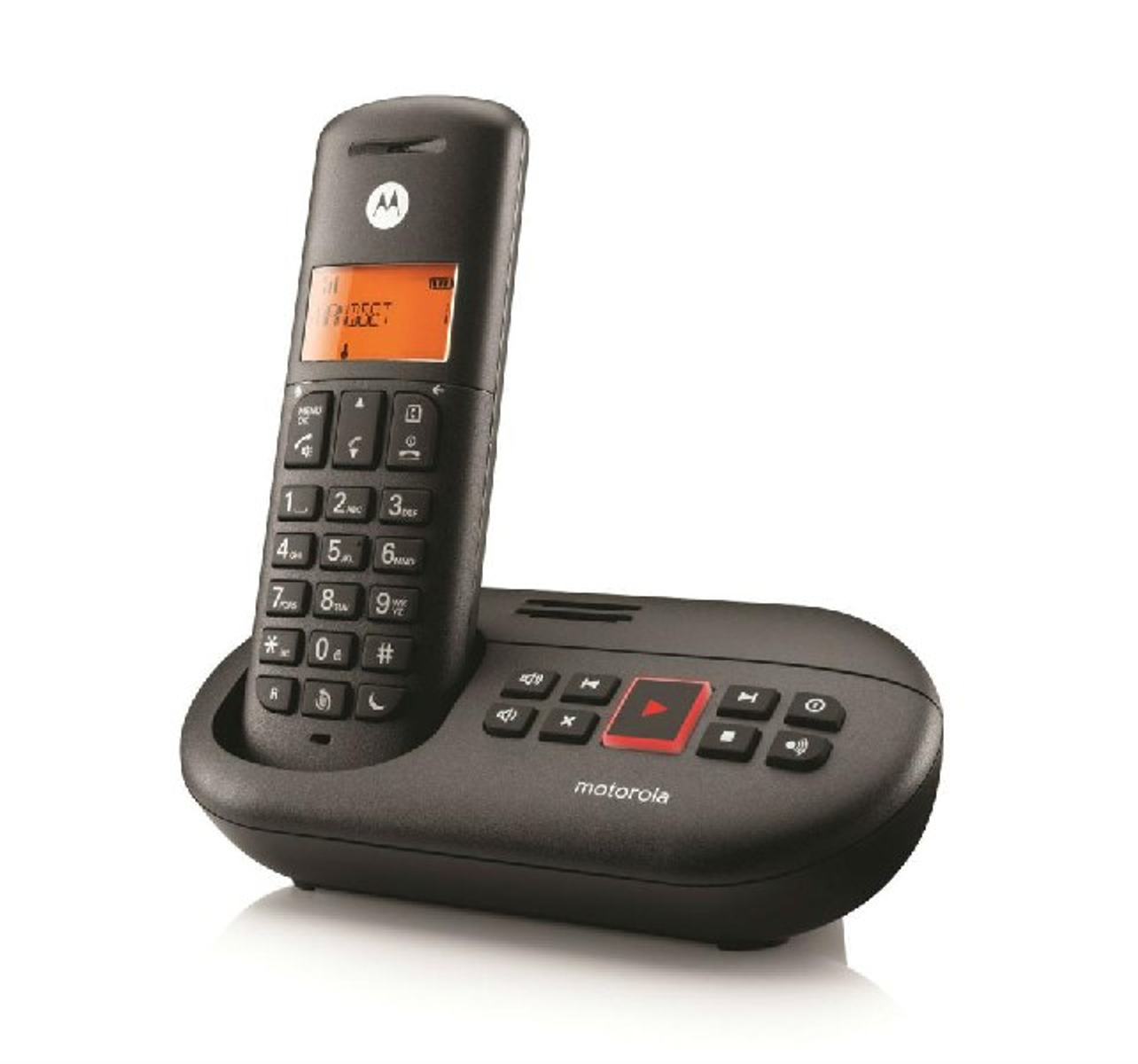 Teléfono inalámbrico negro con base. El teléfono tiene una pantalla naranja y botones numéricos. Marca Motorola.