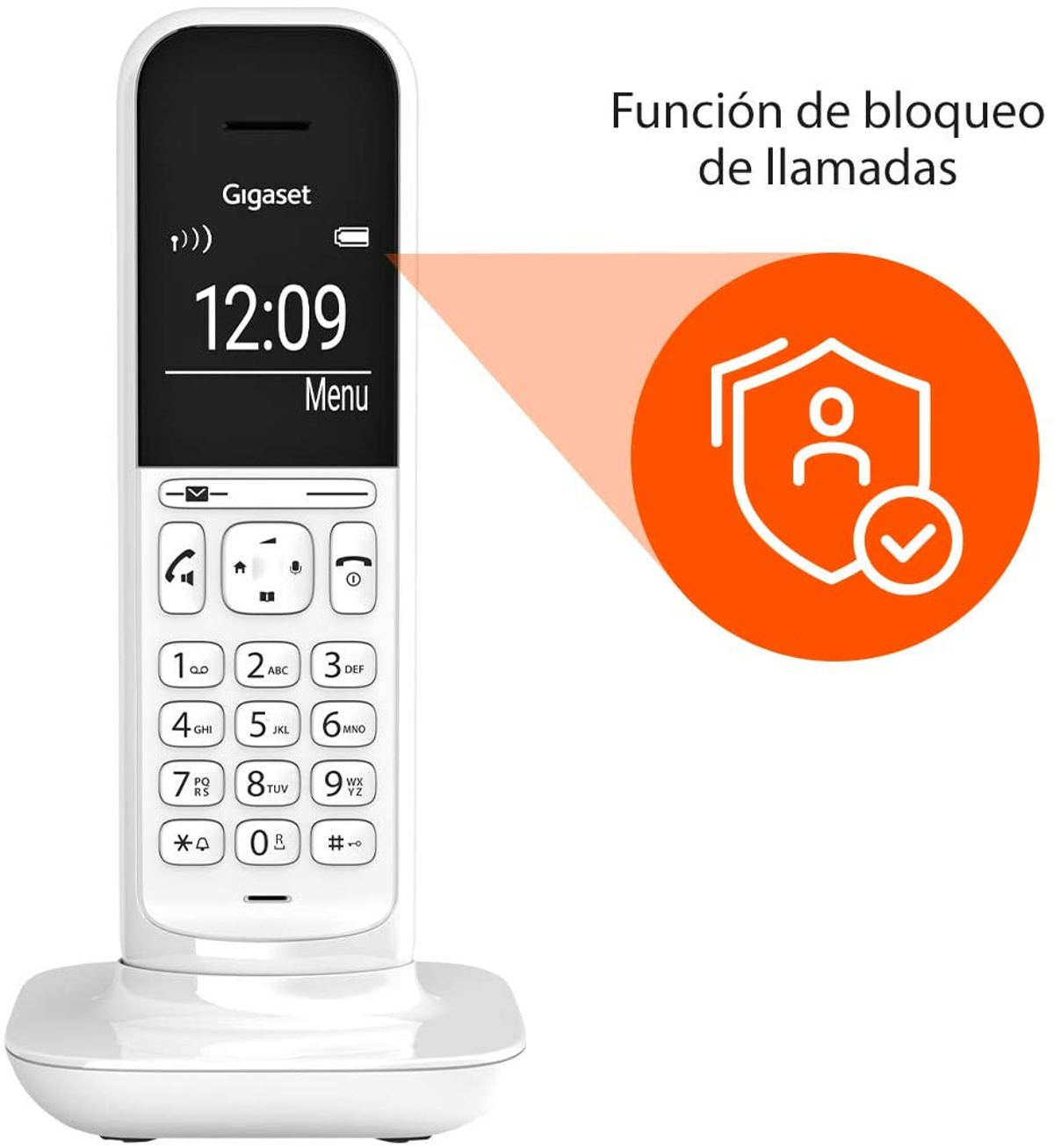 Un teléfono inalámbrico blanco con una pantalla que muestra la hora y un icono de bloqueo de llamadas. Círculo naranja con marca.