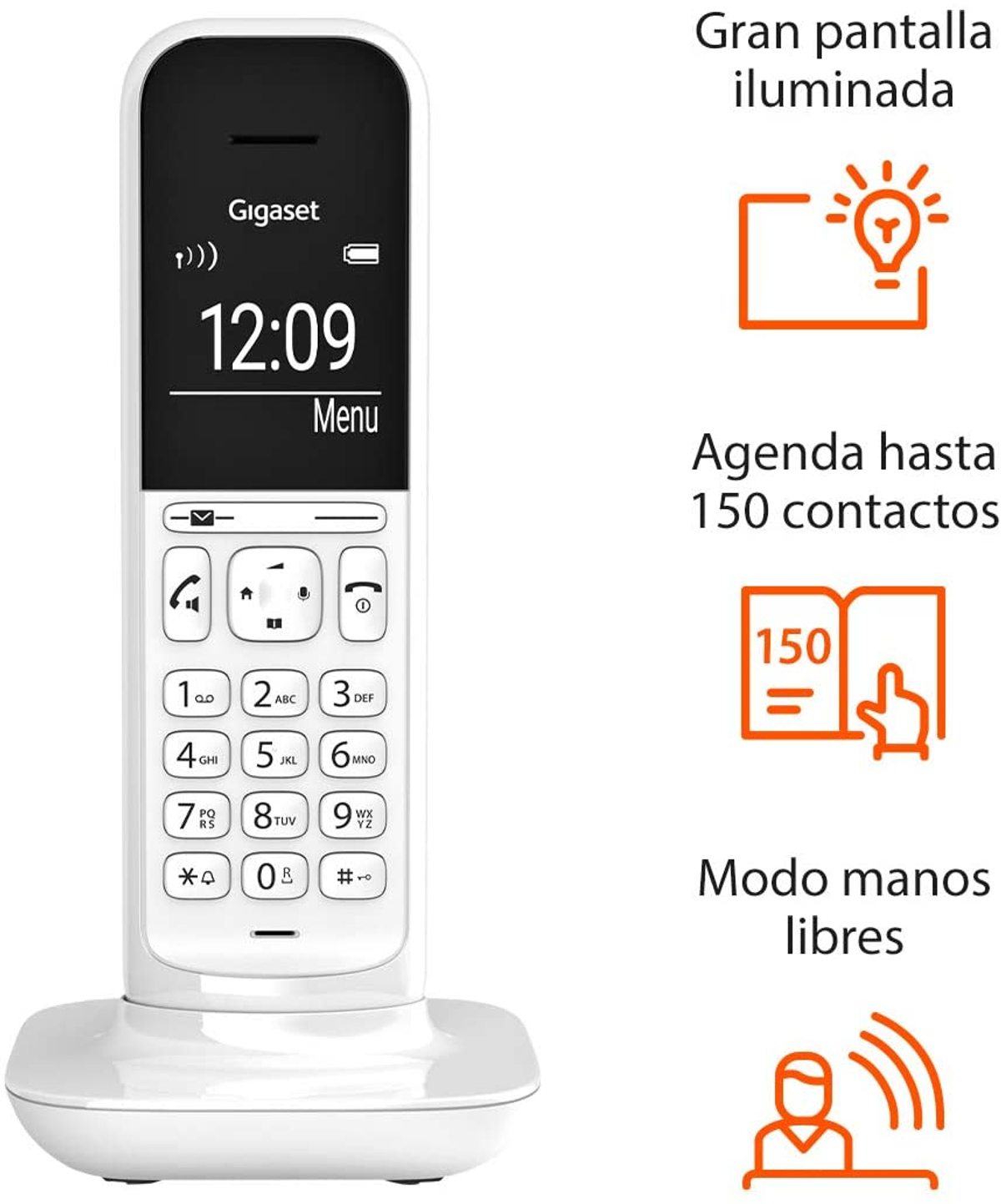 Teléfono inalámbrico blanco en base. Botones, pantalla e iconos. Textos en español.