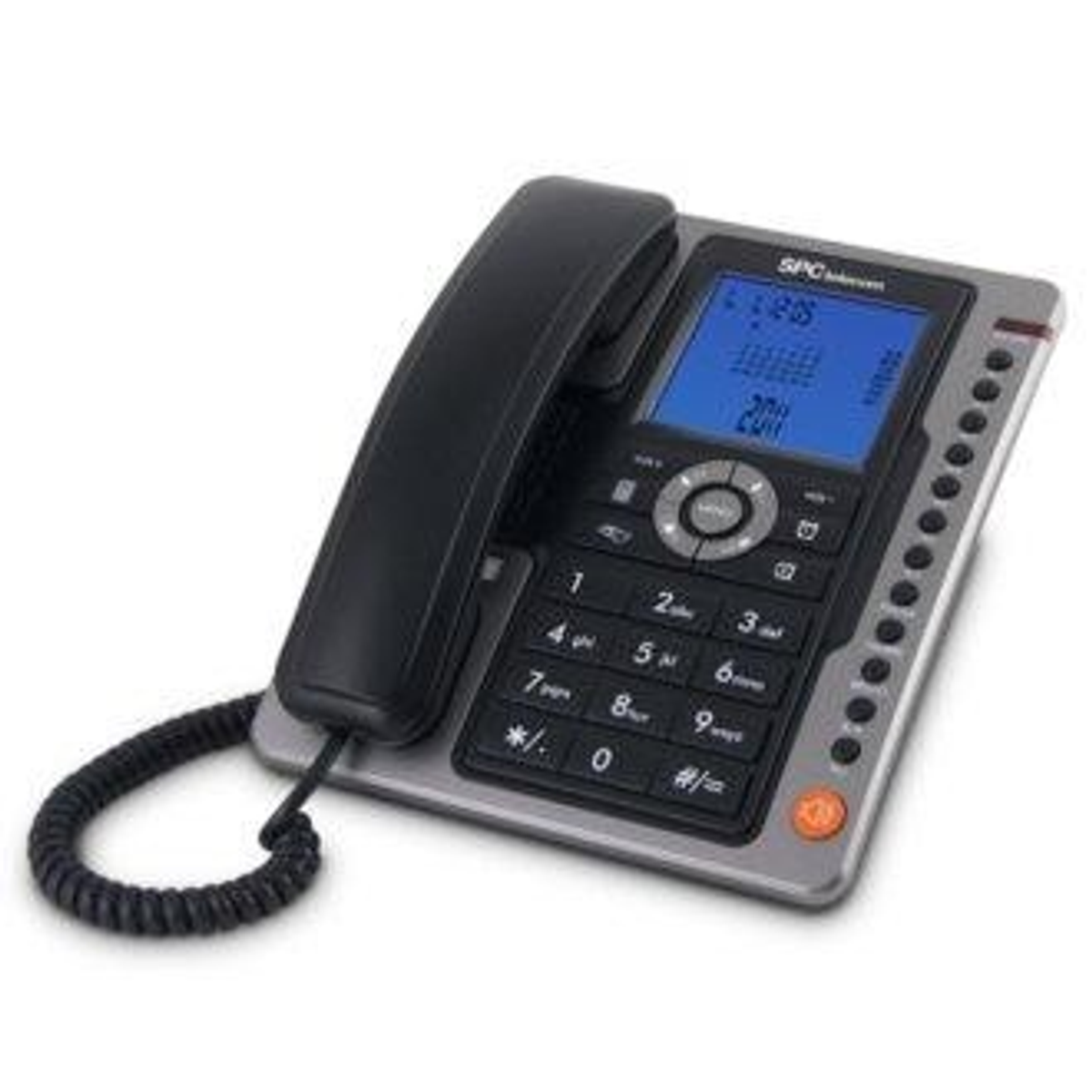 Un telefono da ufficio SPC nero e grigio con uno schermo che mostra informazioni.