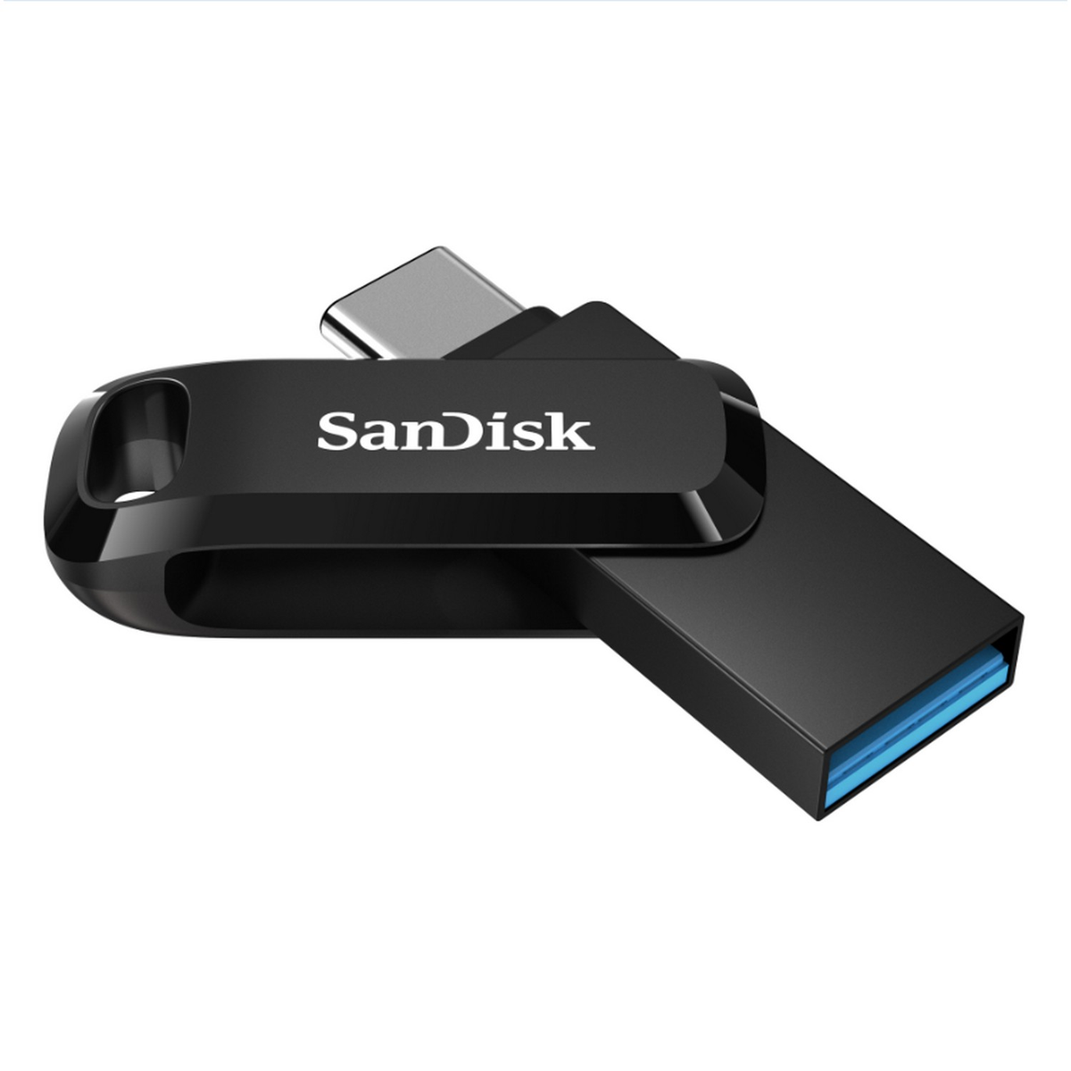 Unidad USB negra de Sandisk. Tiene un conector USB-C.