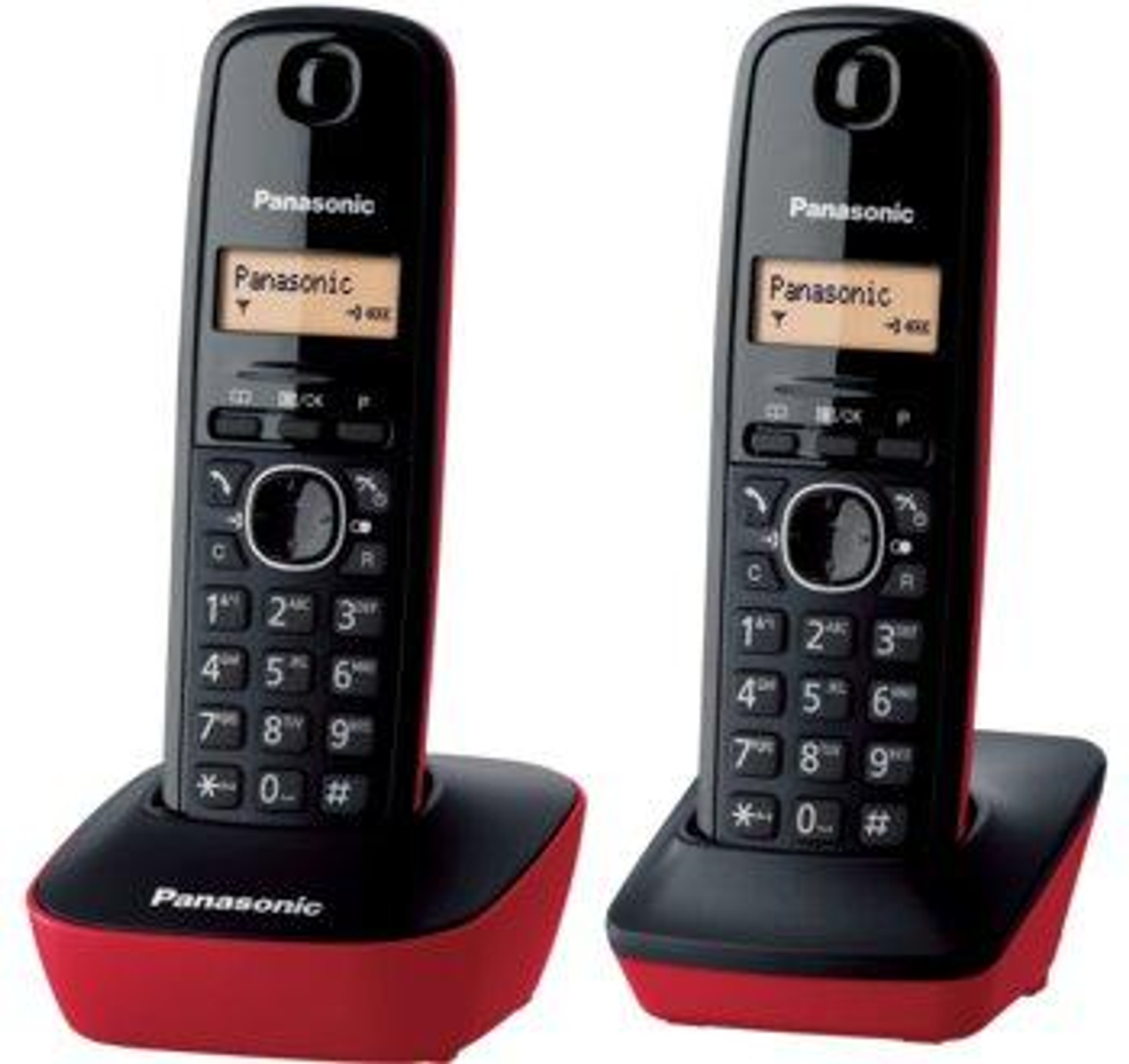 Dos teléfonos inalámbricos Panasonic negros sobre bases rojas. Las pantallas muestran 'Panasonic'.