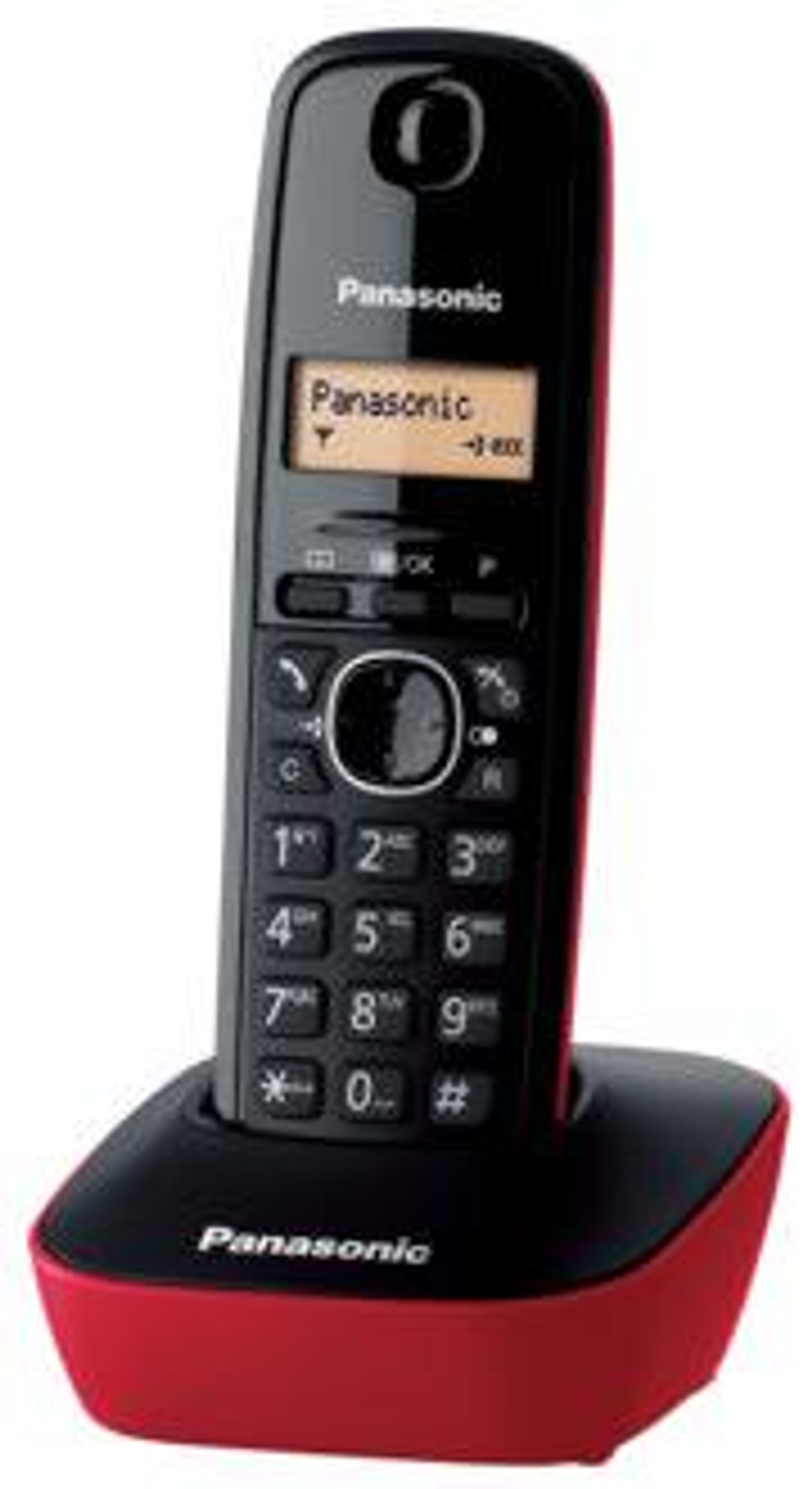 Un teléfono inalámbrico Panasonic negro y rojo con base.