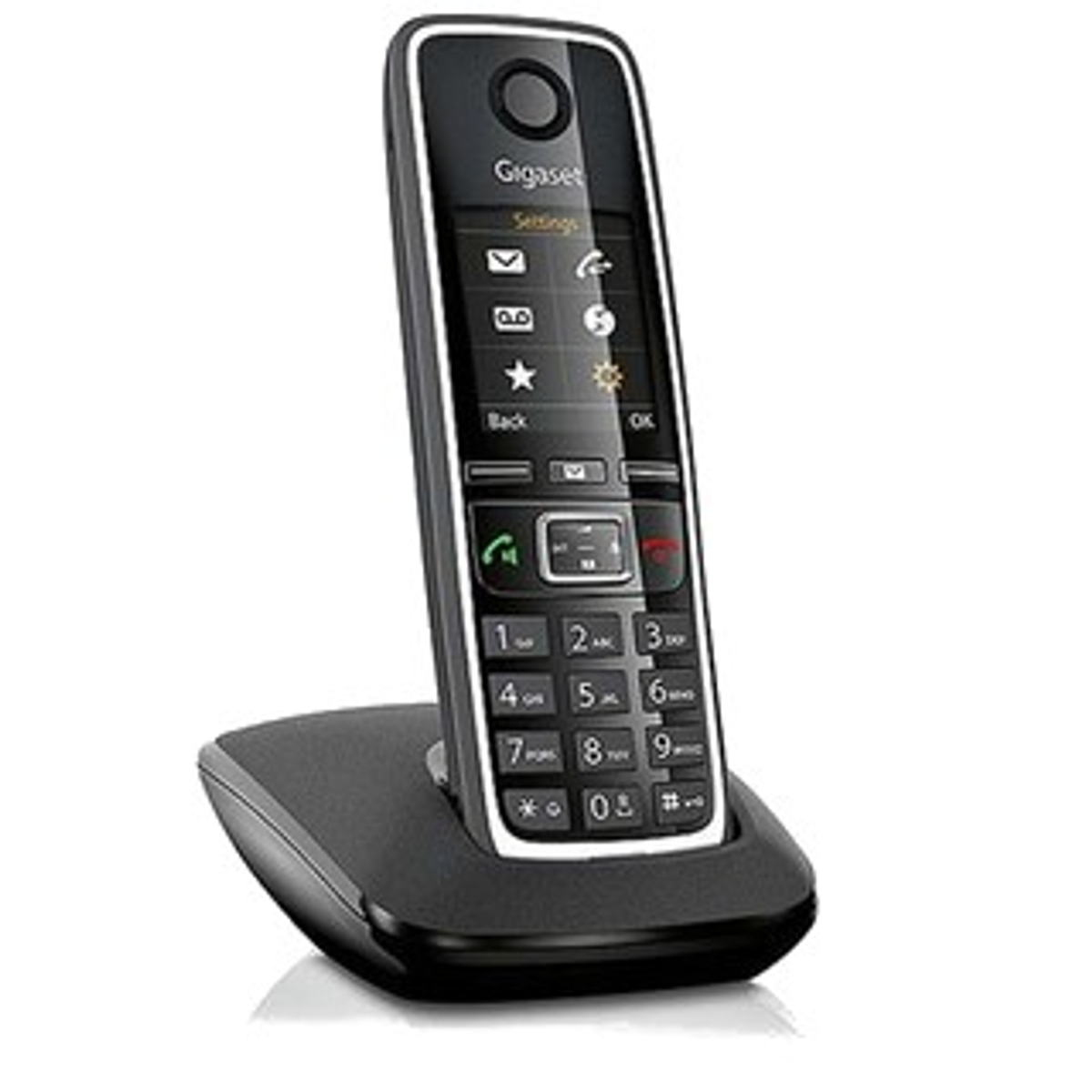 Un teléfono inalámbrico Gigaset negro en su base con una pantalla que muestra la configuración.