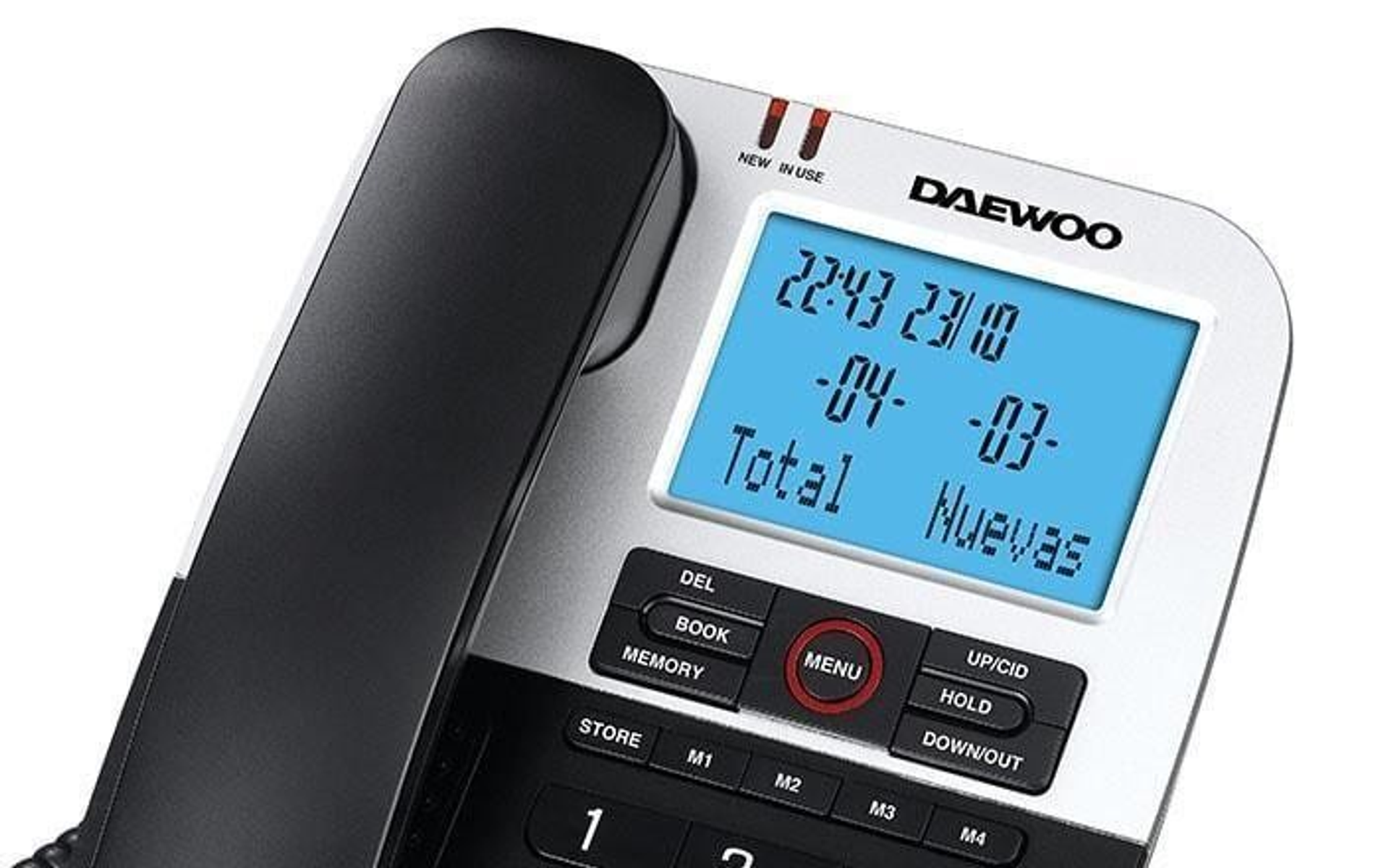 Teléfono de escritorio Daewoo. Pantalla grande muestra la hora y otra información.
