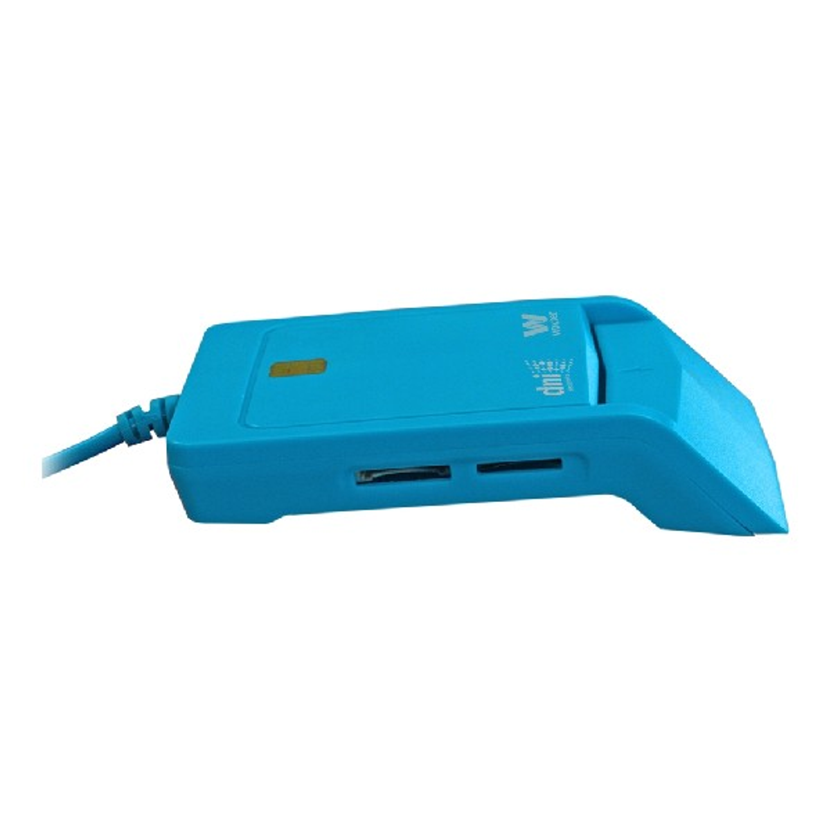 Un lector de tarjetas azul con cable USB conectado. Está en ángulo.
