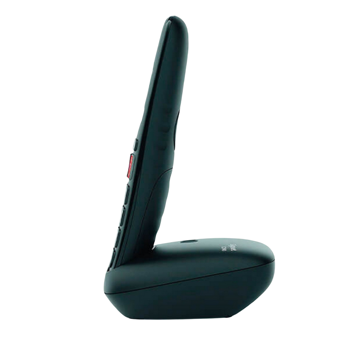 Teléfono Gigaset negro sobre un soporte, inclinado hacia la derecha. Los botones y la pantalla son visibles.