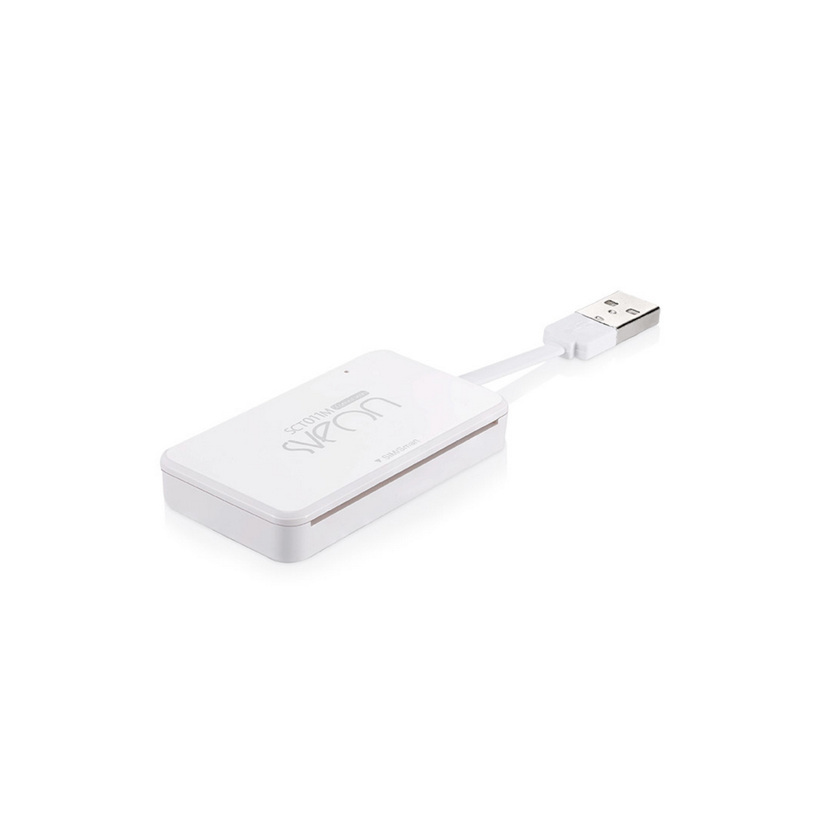 Dispositivo electrónico blanco con cable USB. El dispositivo tiene un logotipo y texto.