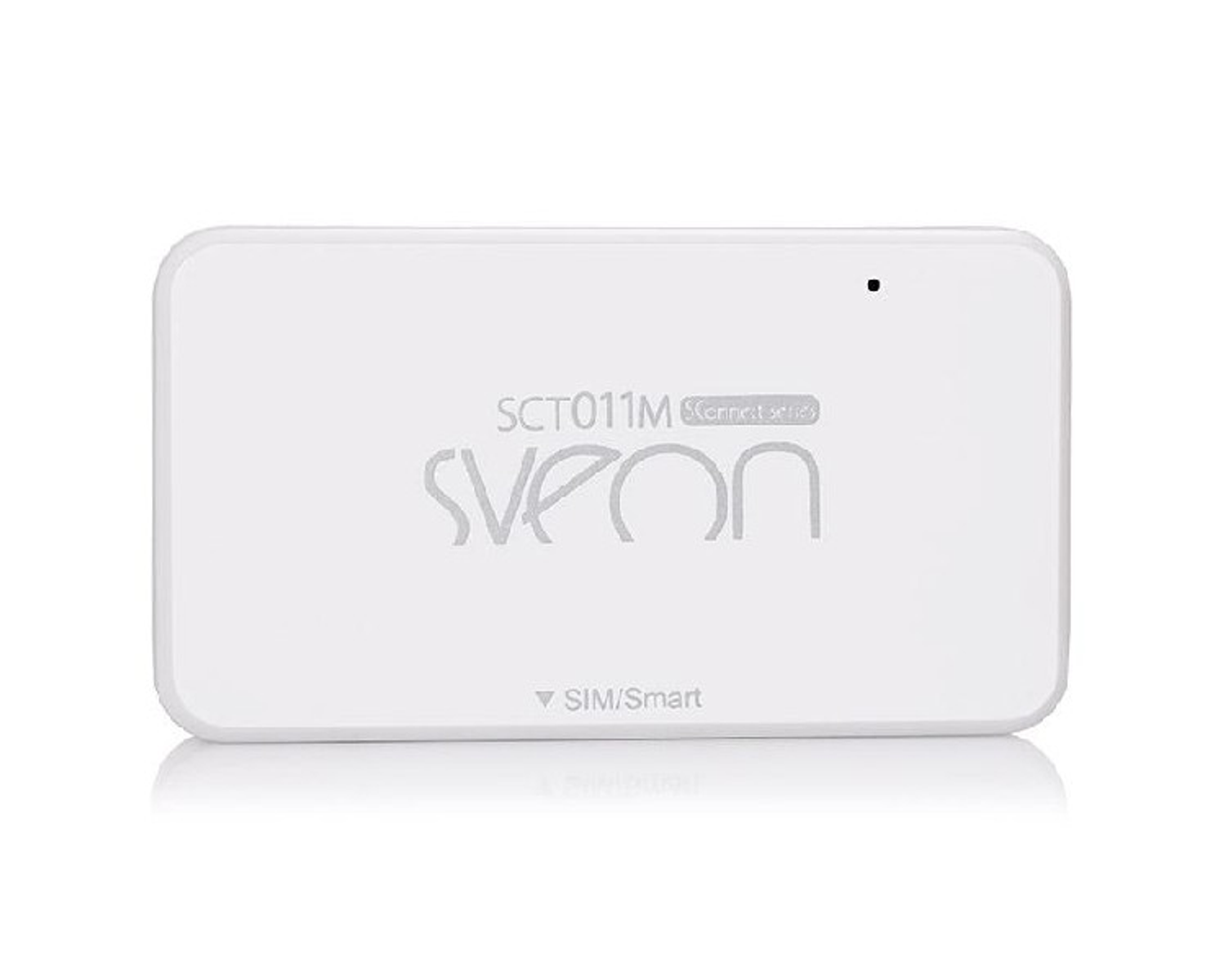 Dispositivo blanco con logo y texto "SVEON", más etiqueta SIM/Smart.