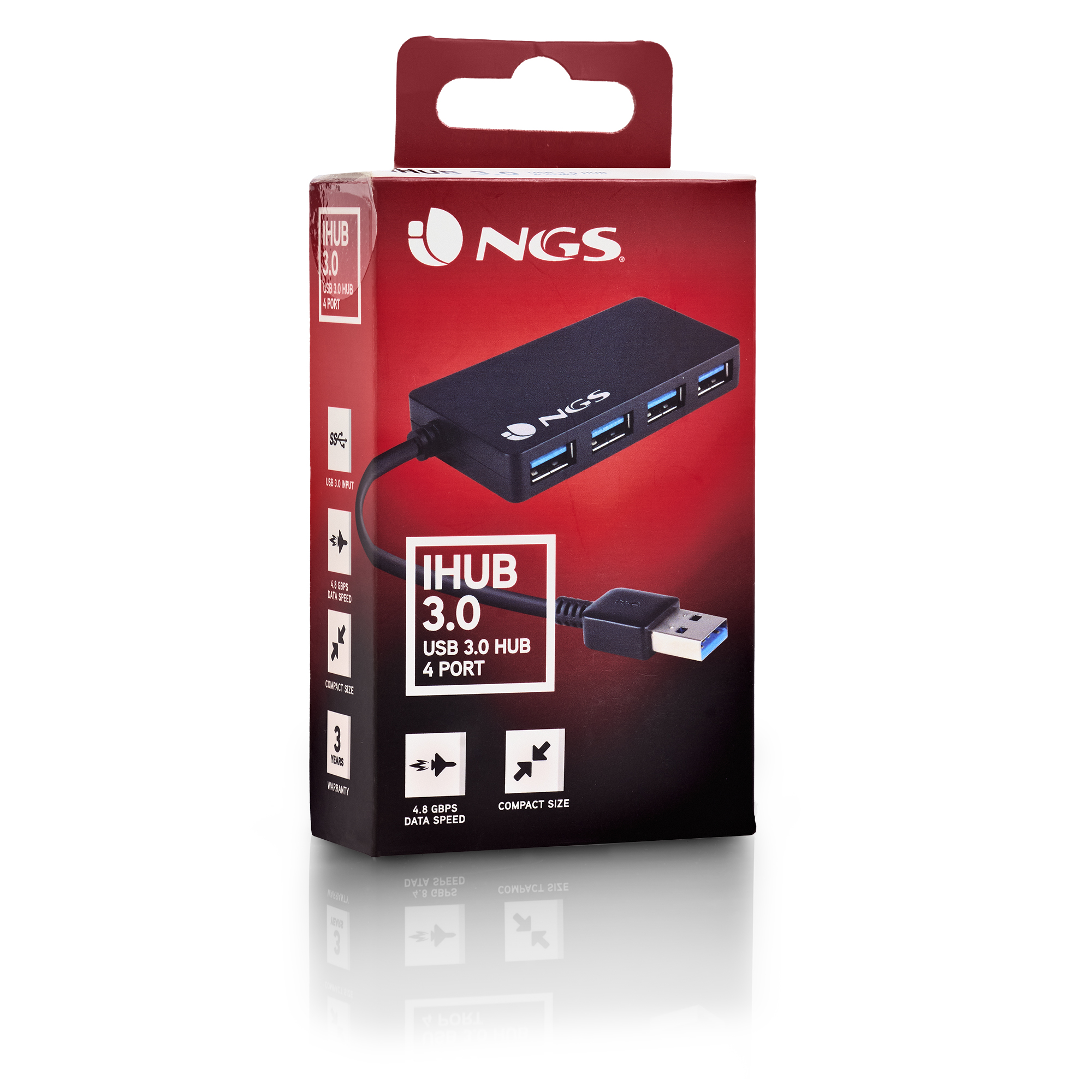 Scatola rossa e nera con un hub USB nero e il testo 'iHub 3.0'.