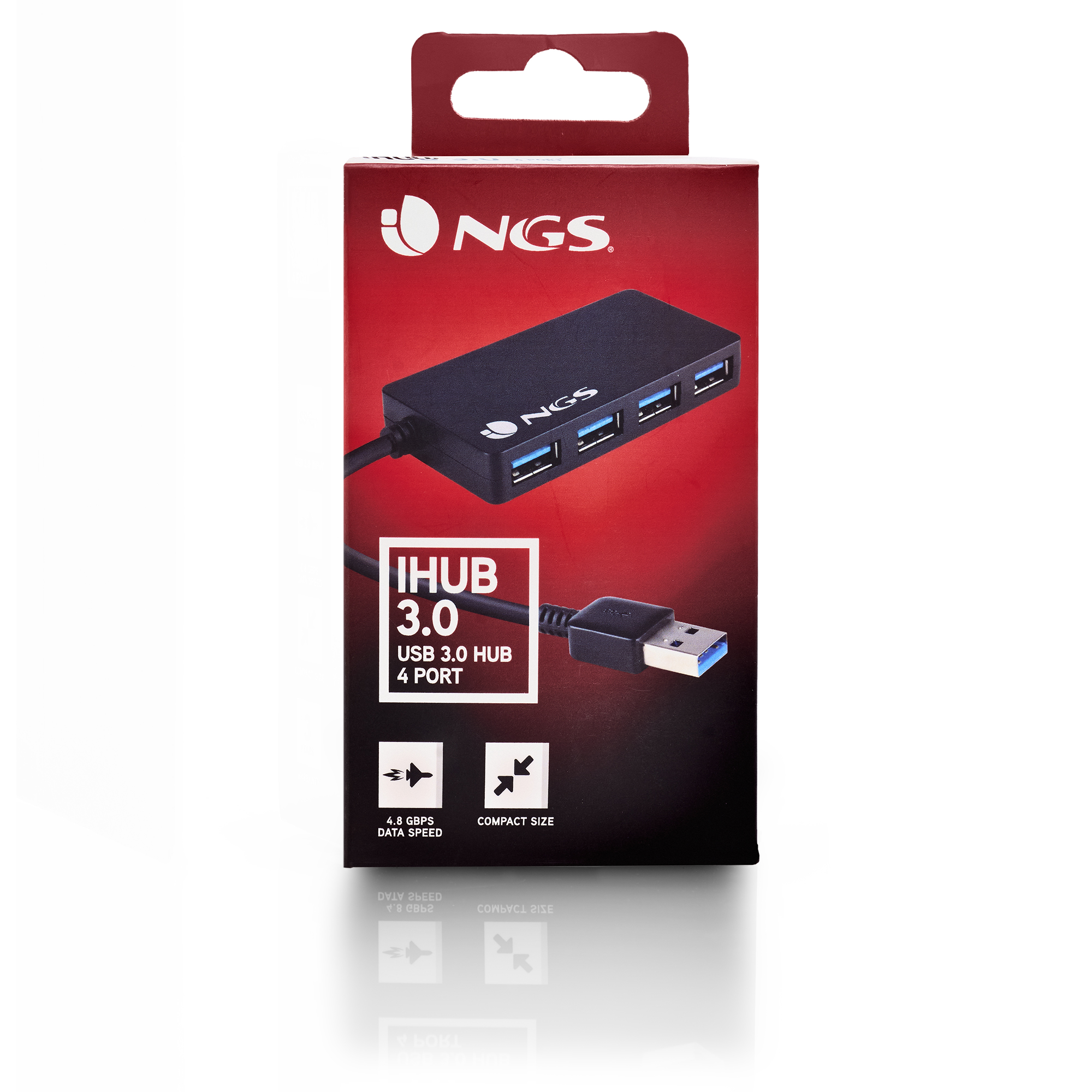 Scatola hub USB NGS iHub 3.0 con 4 porte, nero su sfondo rosso.