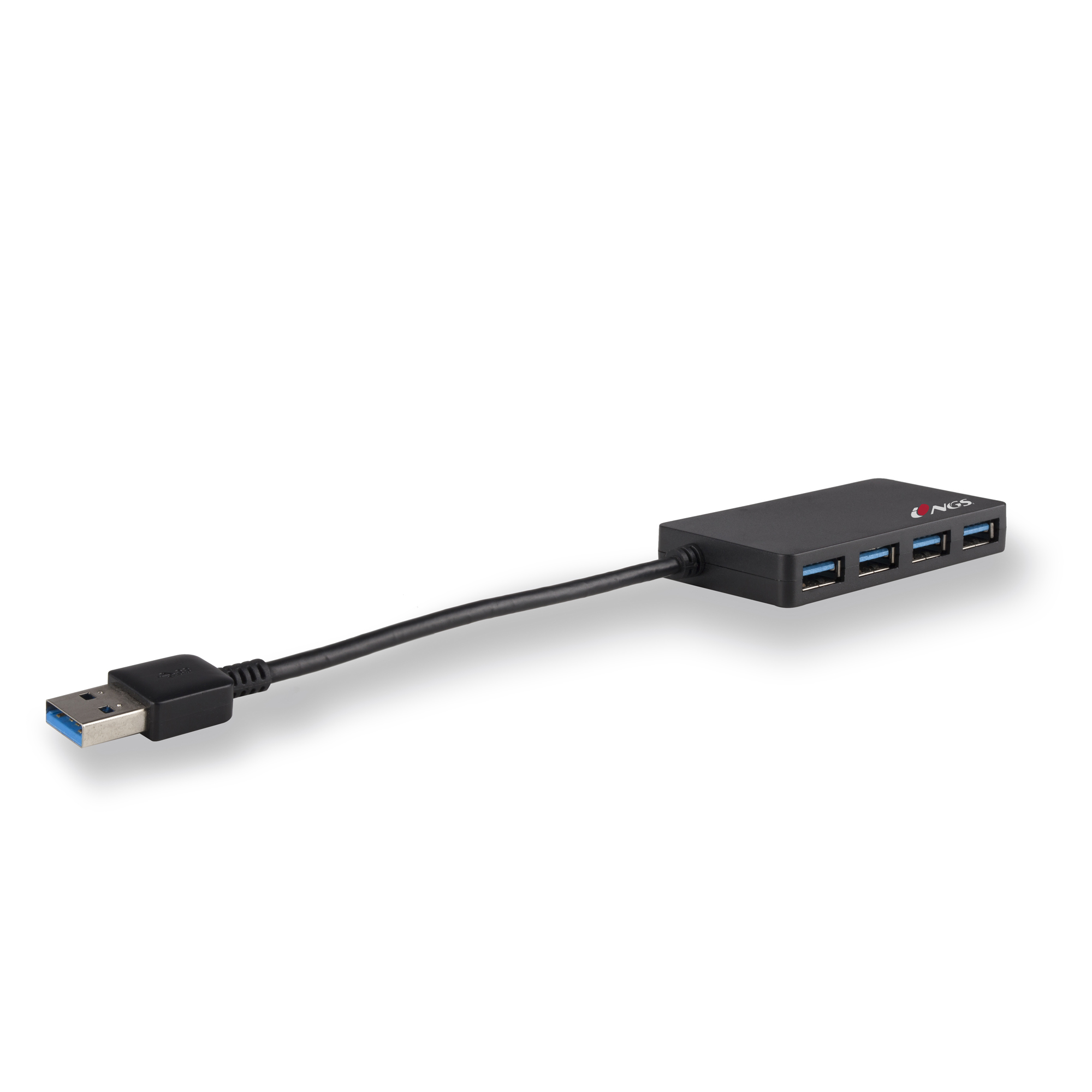 Hub USB nero con 4 porte e cavo. Sfondo bianco.