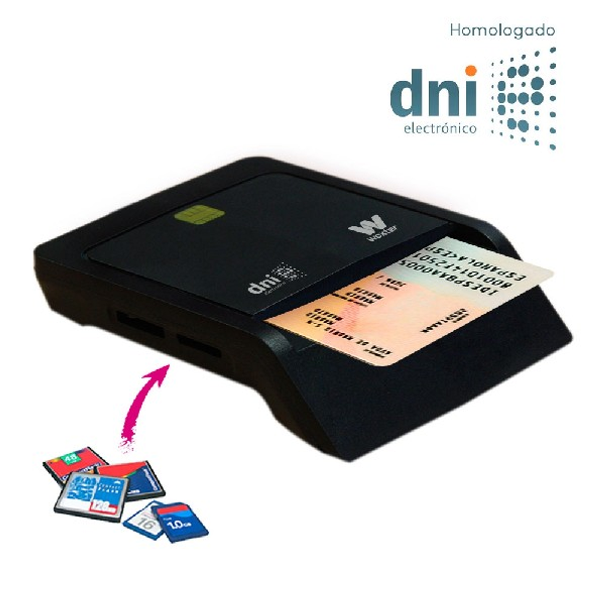 Lector DNI negro con tarjeta insertada, junto a varias tarjetas SD. Logotipo DNI electronico visible.