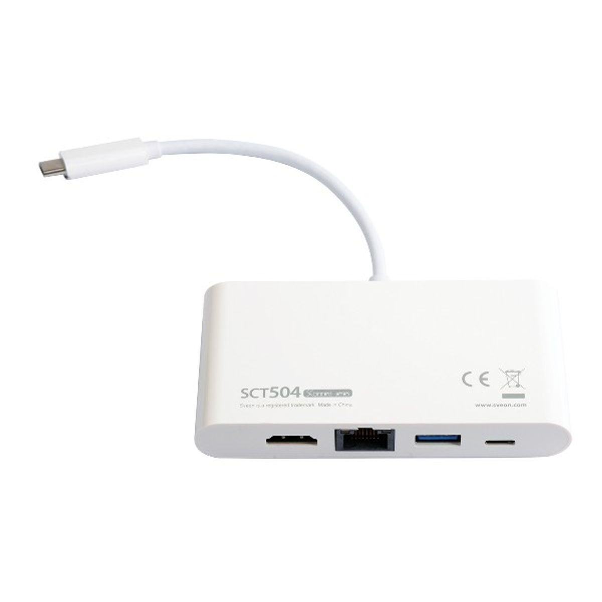 Concentrador USB-C blanco con puertos HDMI, Ethernet, USB y USB-C. Aislado en blanco.
