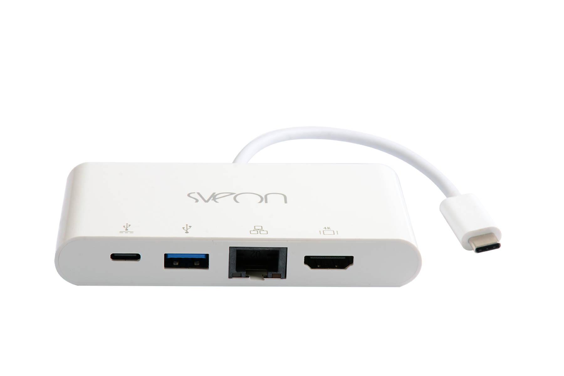 Hub blanco con puertos USB, HDMI y Ethernet. Tiene un cable blanco y conector USB-C.
