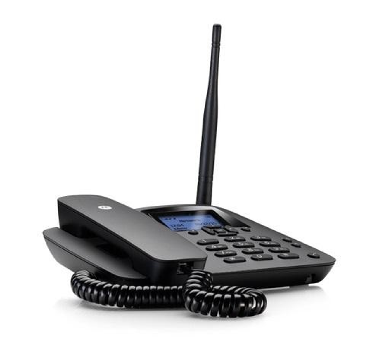 Teléfono inalámbrico negro con base, antena y cable en espiral.