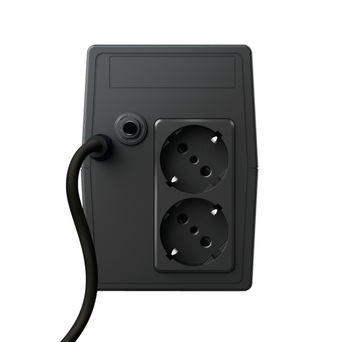 Toma de corriente negra con dos enchufes y un cable, primer plano.